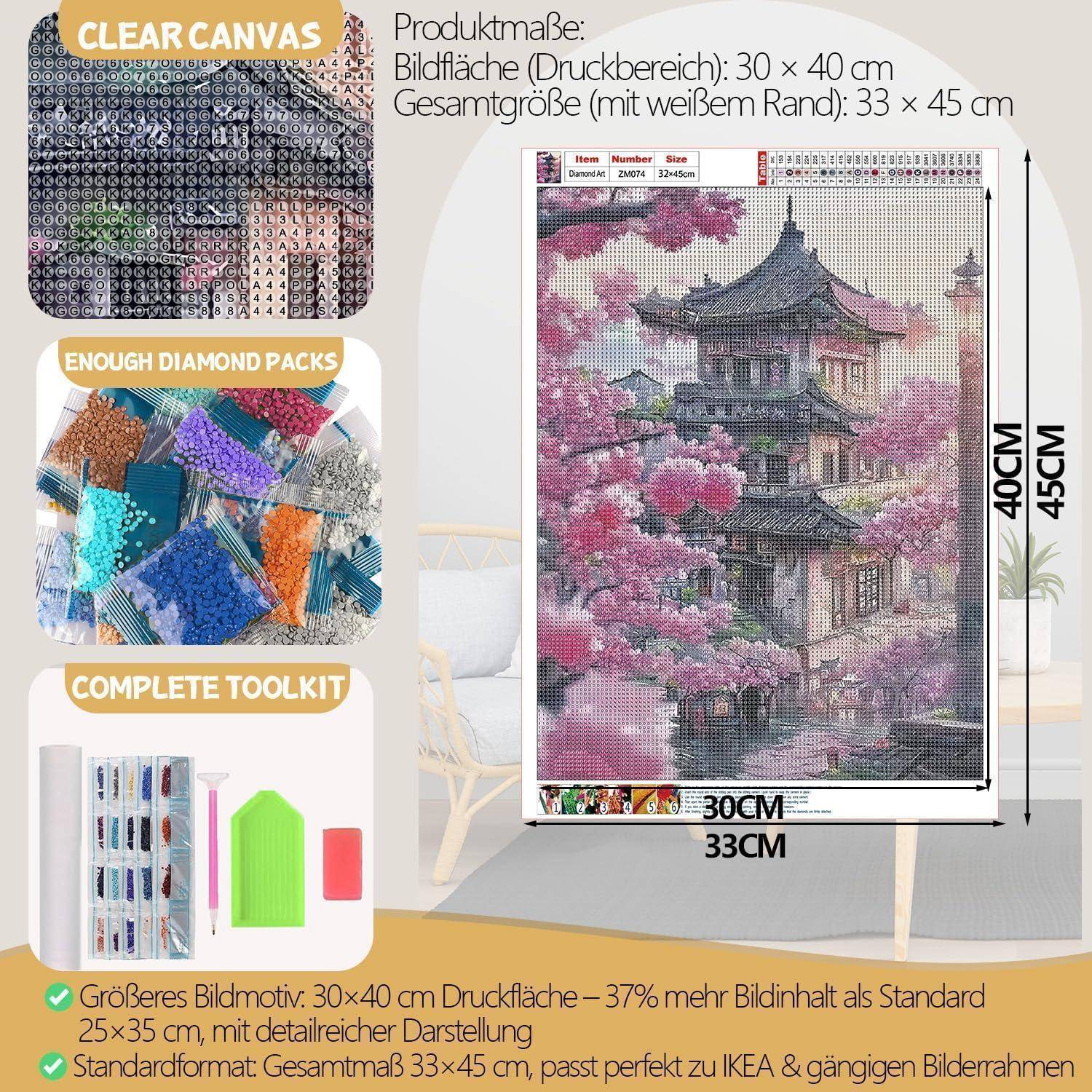 Diamantmalerei-Set mit transparenter Leinwand, ausreichend Diamantpacks und vollständigem Werkzeugset; fertige Bildgröße 30 x 40 cm, Gesamtgröße 33 x 45 cm.