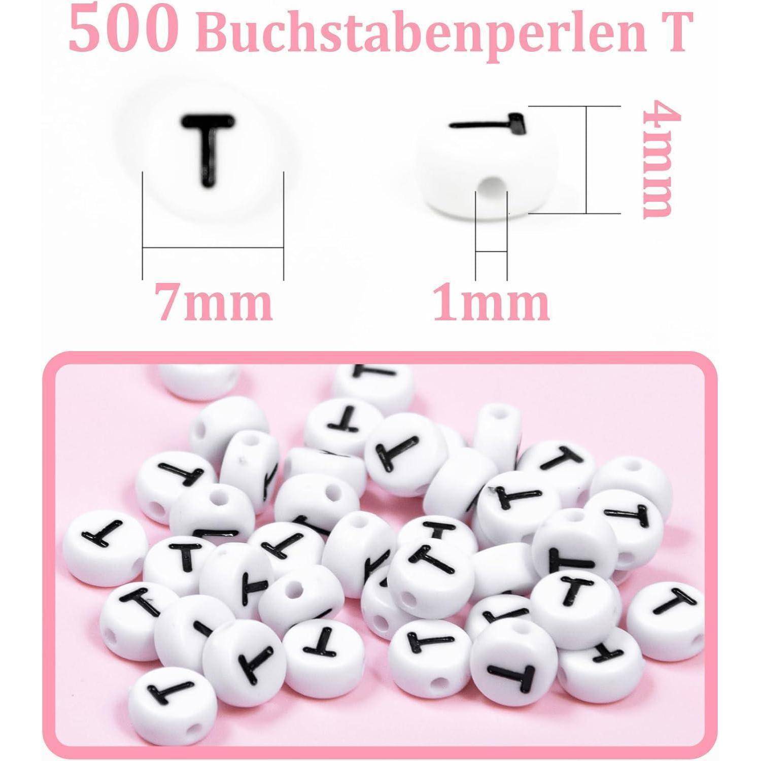 Produktbild von 500 weißen runden Alphabet-Perlen mit schwarzem Buchstabe T; Abmessungen angegeben als 7 mm breit, 4 mm hoch, 1 mm Loch.