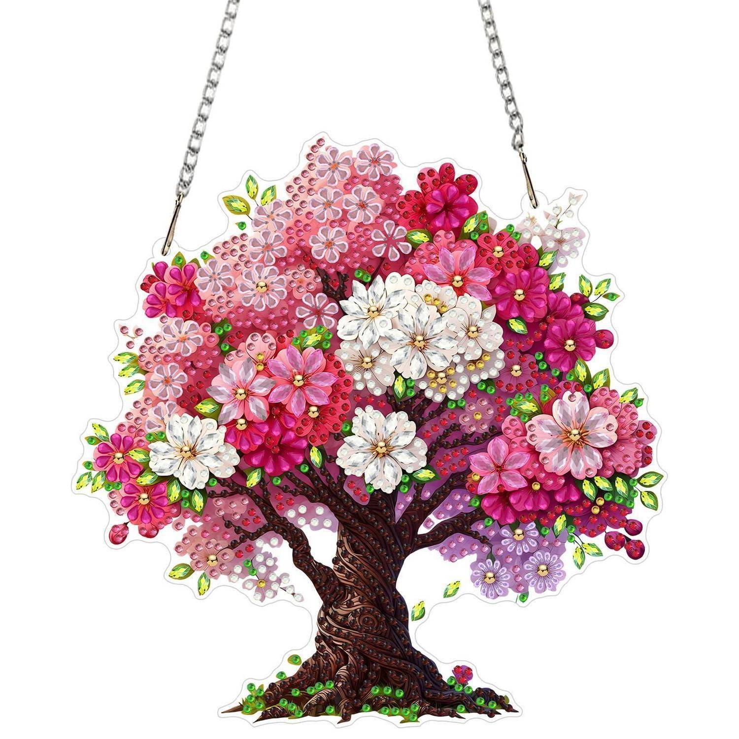 Dekoratives Hängekornament für den Baum mit rosa, weißen und violetten Blüten, dunklem gedrehtem Stamm und Ketten an der Oberseite.