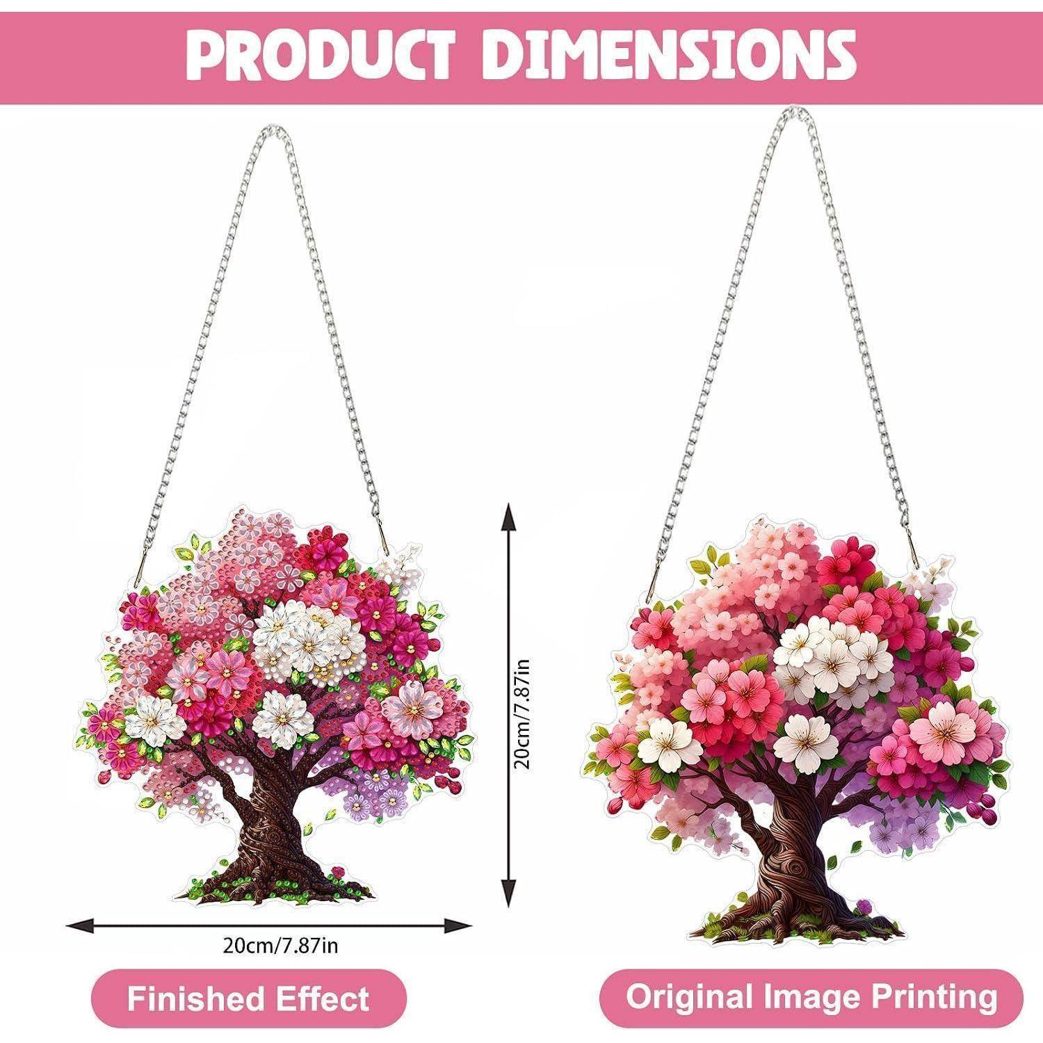 Produktdimensionsvergleich einer hängenden Blumenbaumdekoration mit Darstellung des 