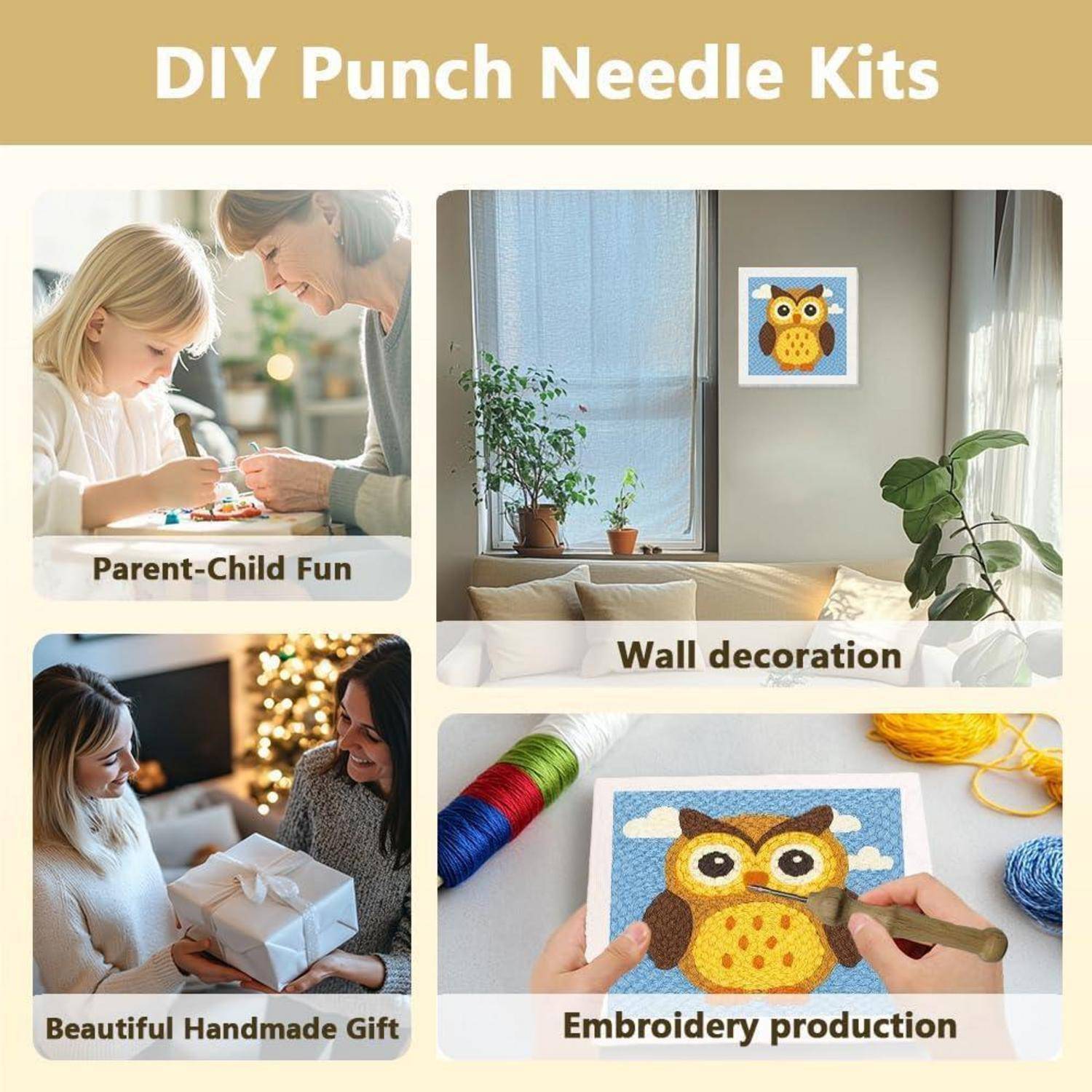 Werbekollage für DIY-Punch-Needle-Kits zeigt Eltern-Kind-Handwerk, Wanddekoration, ein handgemachtes Geschenk und Eulen-Stickerei in Arbeit.