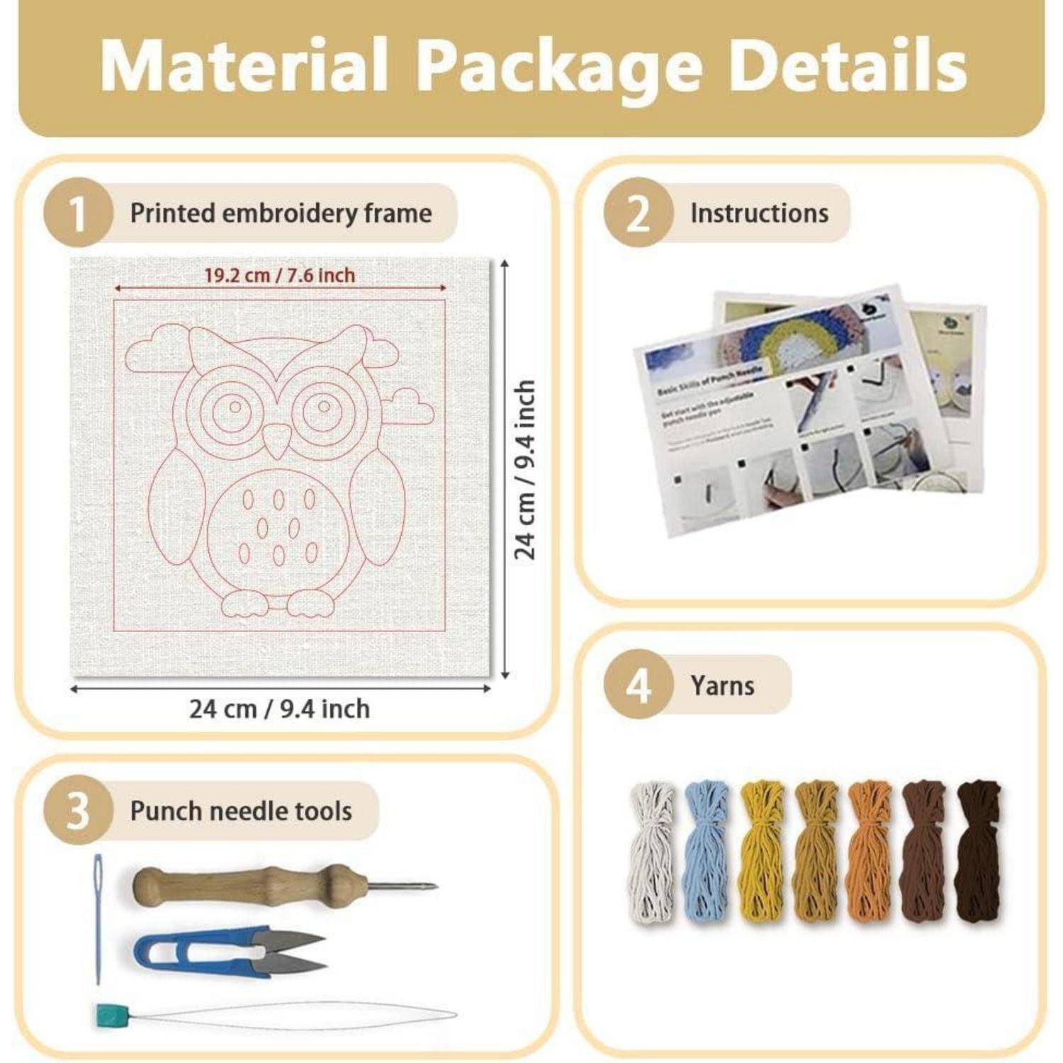 Materialpaketdetails mit einem bedruckten Stickrahmen, Anweisungen, Punch-Needle-Werkzeugen und sieben Garnfarben mit Rahmenabmessungen.