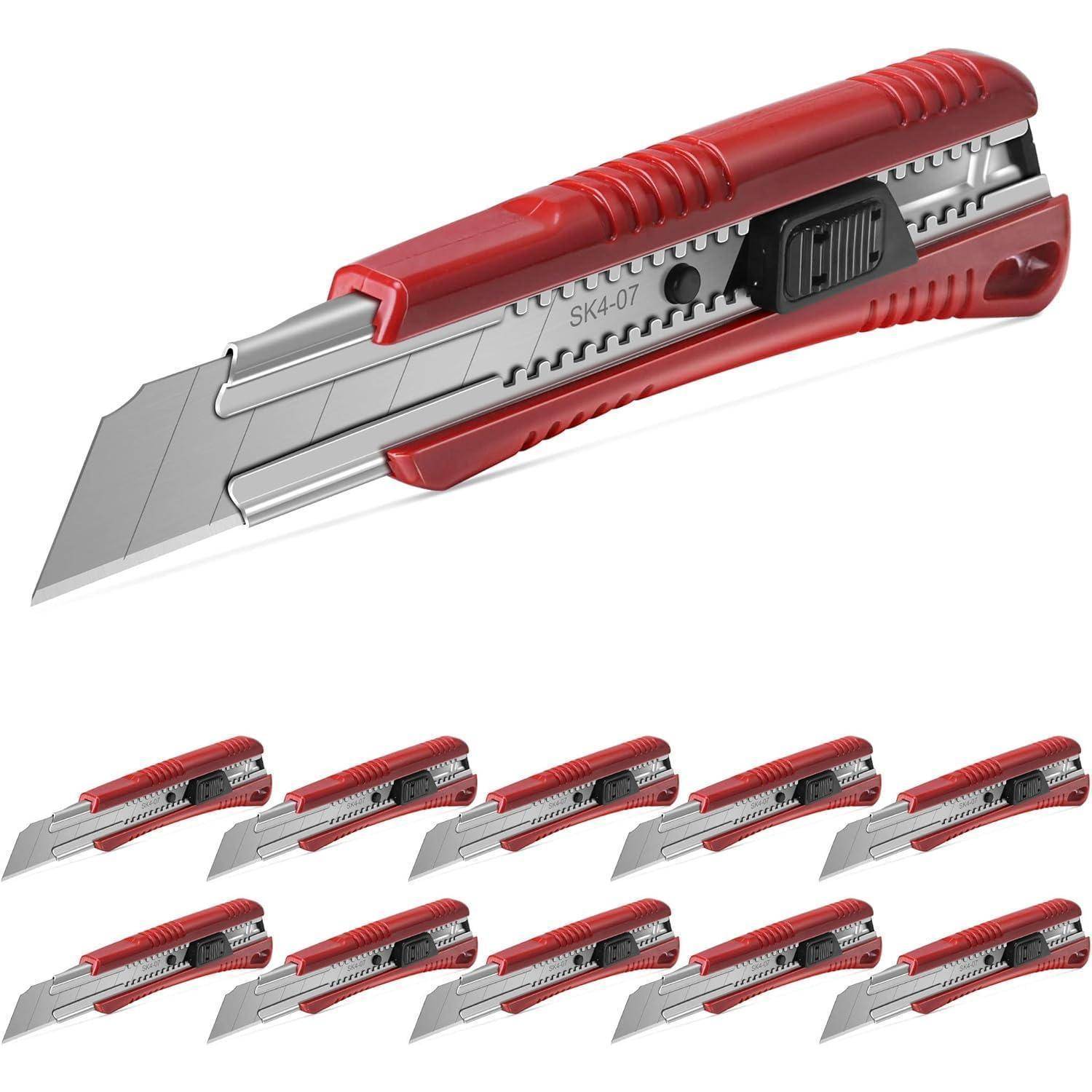 Rotes Universalmesser mit ausgefahrener Klinge, das oben vergrößert dargestellt ist, und neun kleinere identische Messerbilder, die darunter auf weißem Hintergrund angeordnet sind.