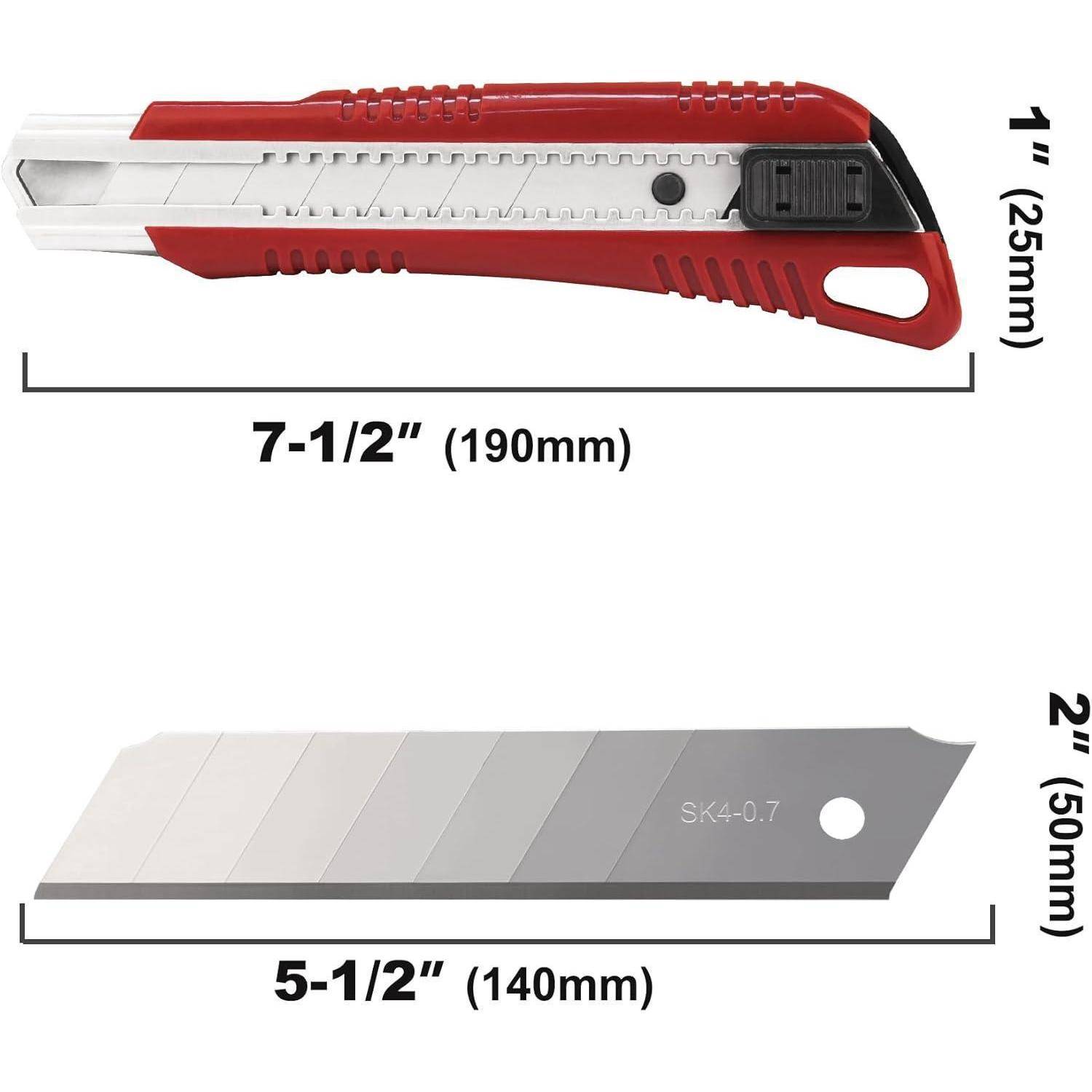 Bild zum Vergleich von Universalmesser und Ersatzklinge Größen: Messer 7-1/2 Zoll (190 mm) mal 1 Zoll (25 mm); Klinge 5-1/2 Zoll (140 mm) mal 2 Zoll (50 mm).