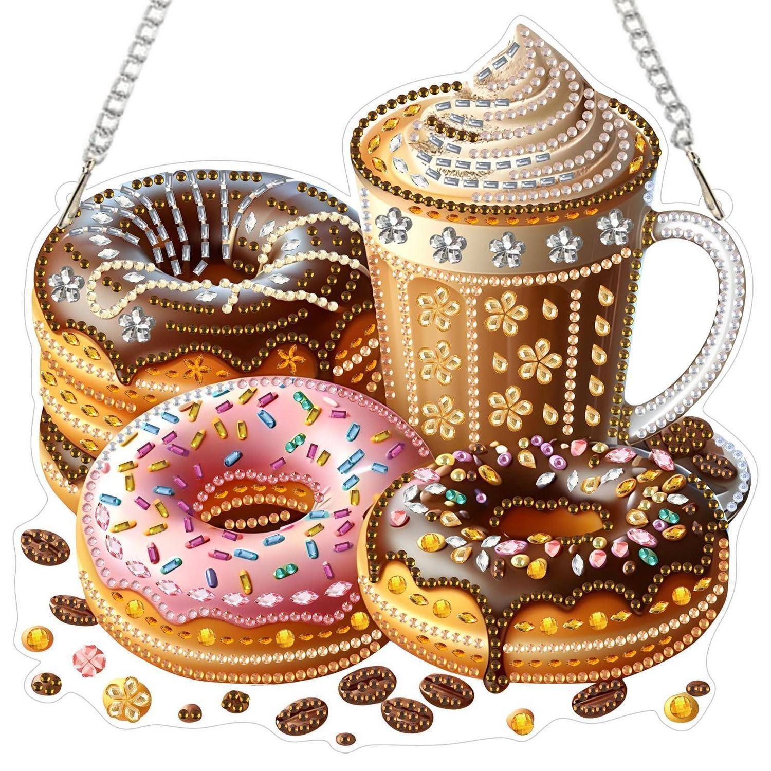 Illustration von vier verzierten Donuts und einer hohen Kaffeetasse, angeordnet wie ein Dessert-Set mit Kettengriffen und verstreuten Bonbon-Streuseln.