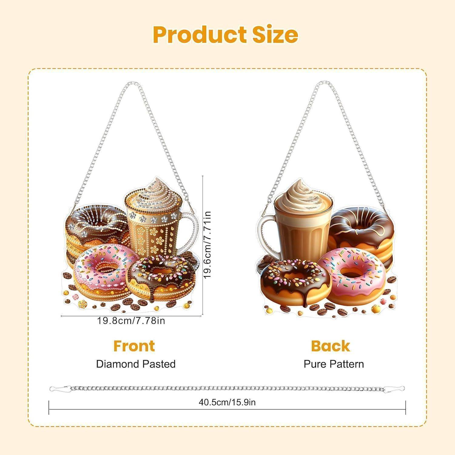 Produktgrößendiagramm einer donutförmigen Hängetasche mit Vorder- und Rückansicht und Abmessungen: 19,8 cm Breite, 19,6 cm Höhe, 40,5 cm Riemenlänge.