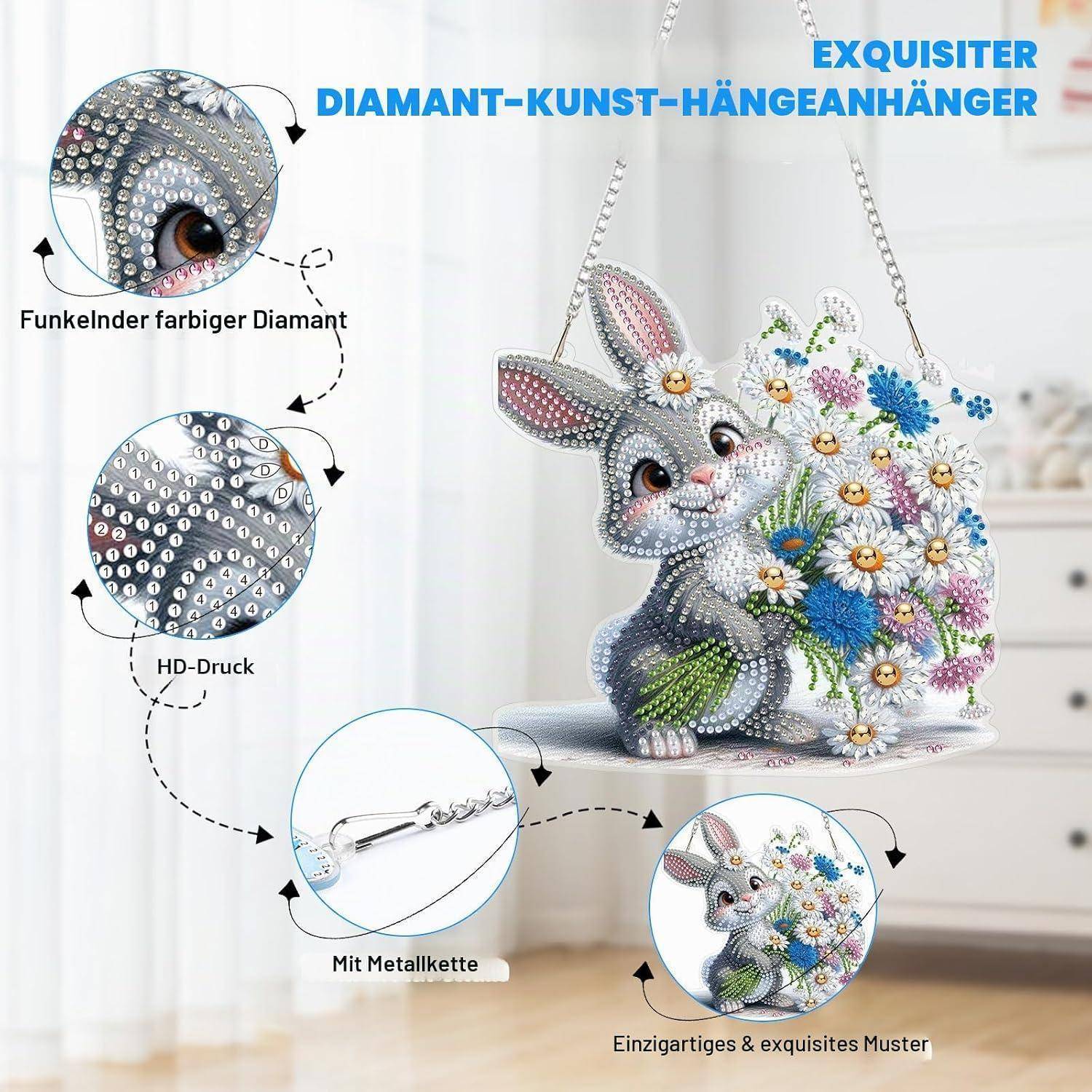 Werbebild einer 3D-Diamantmalerei-Kaninchen-Anhänger-Halskette mit der Bezeichnung 