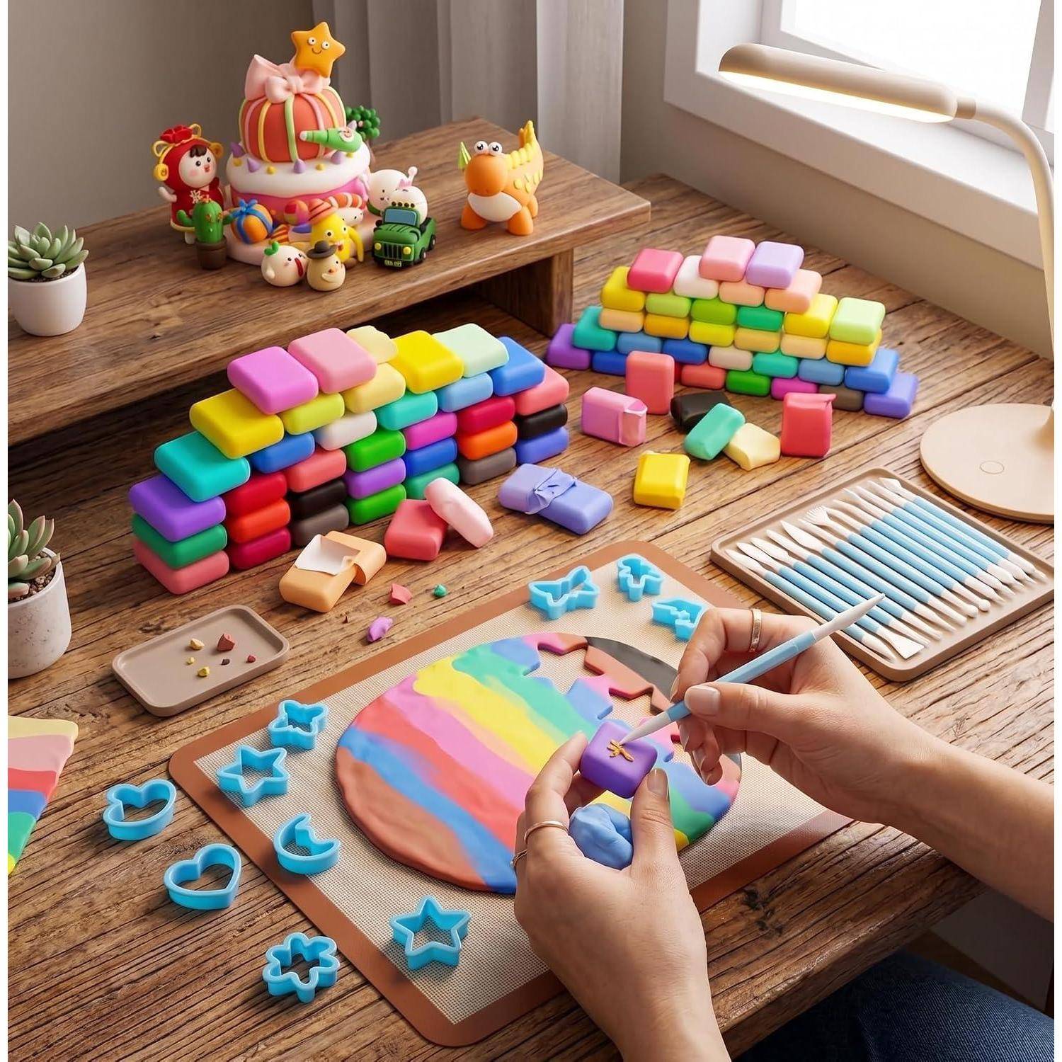 Hände bemalen ein rundes Tonstück mit Regenbogenfarben an einem Holz-Basteltisch, umgeben von farbigen Tonblöcken, Werkzeugen und kleinen Dekora­tionen.