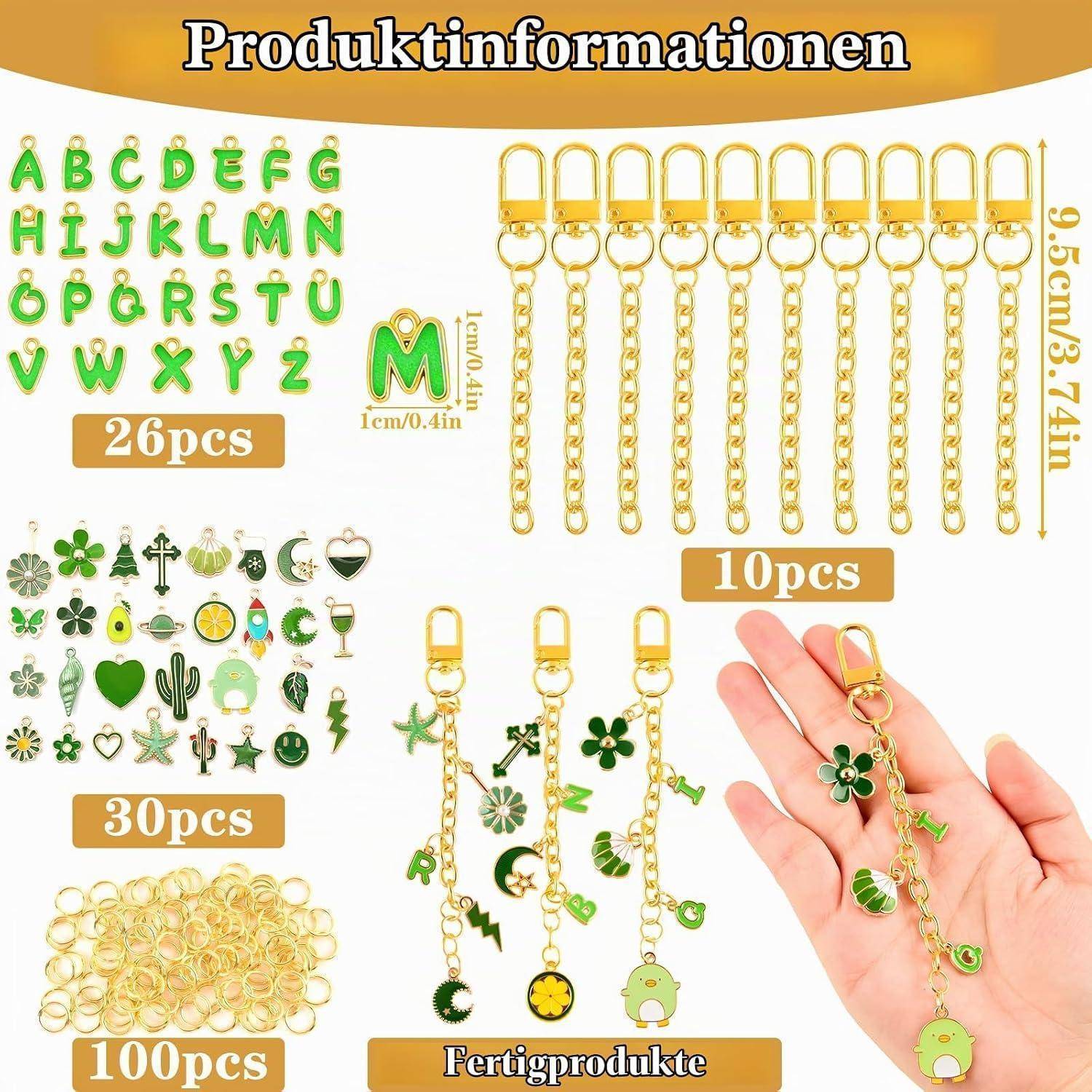 Produktinformationen für Anhänger im Goldton mit grünem Kleeblatt-Design: 26 Buchstaben, 10 Schlüsselanhänger, 30 gemischte Anhänger und 100 Sprungringe, mit angezeigten Größenmessungen.