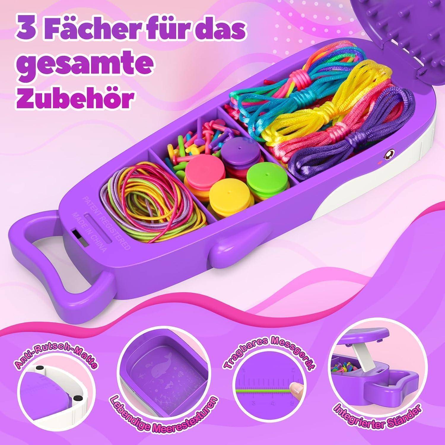Violetter Aufbewahrungskoffer für Zubehör mit 3 Fächern, aufgeklappt mit bunten Kabeln, Ringen und Klammern; Features sind rutschfeste Oberfläche, waschbare Textur und integrierter Ständer.