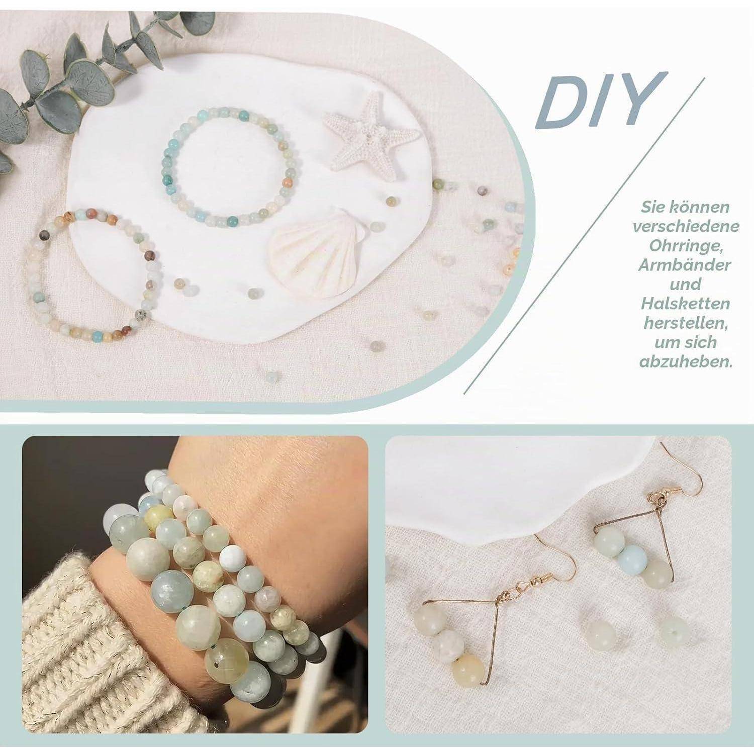 DIY-Schmuckhandwerk-Bild mit Pastellperlen-Armbändern und Ohrringen, mit einem deutschen Hinweis, dass verschiedene Ohrringe, Armbänder und Halsketten hergestellt werden können, um zusammenzupassen.