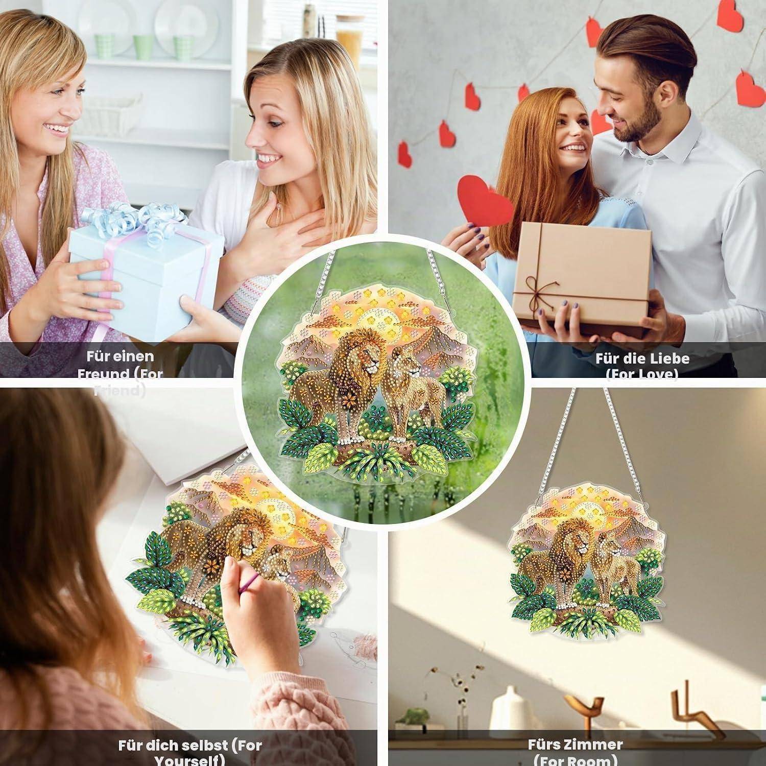 Collage zeigt ein rundes Tierhänger-Handwerk als Geschenk für Freunde, Liebe, Selbst oder Raumdekoration, mit deutschen Beschriftungen und Menschen, die Geschenke austauschen.