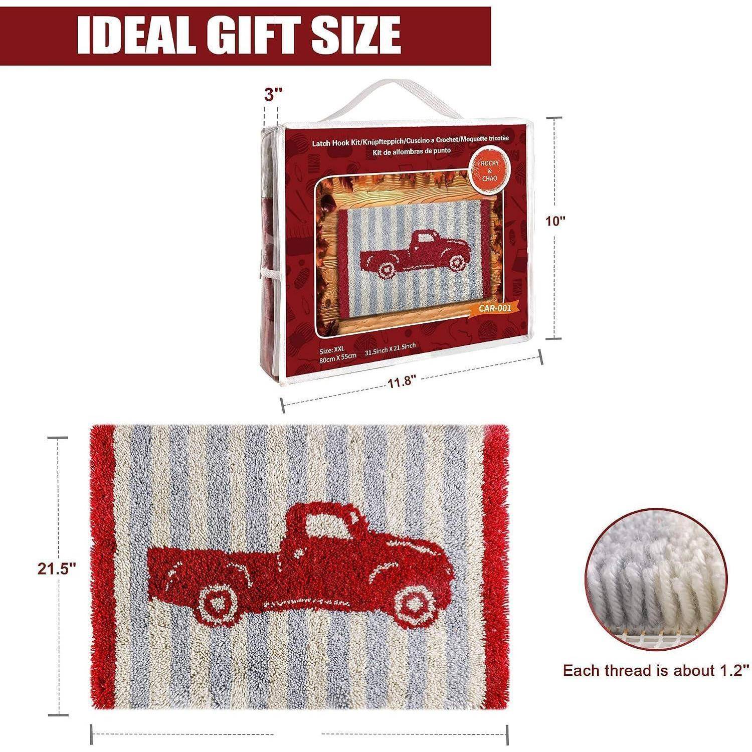 Produktverpackung und Größenleitfaden für einen roten Pickup-Truck-Teppich: Verpackung 11,8 x 10 x 3 Zoll, Teppich 21,5 x 11,8 Zoll, Nahaufnahme zeigt dickes 1,2-Zoll-Flor.