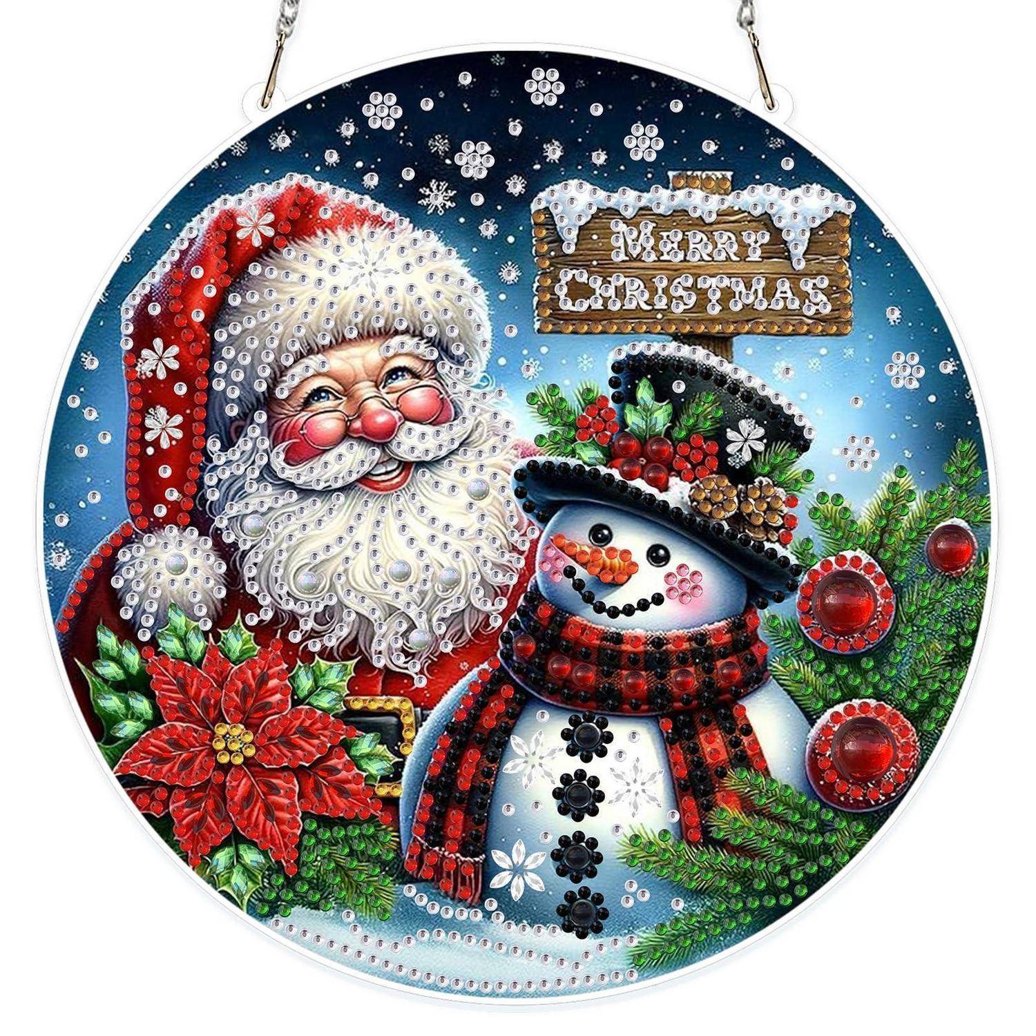 Festliche runde Weihnachtskugel mit dem Weihnachtsmann, einem Schneemann, Weihnachtssternen und einem „Frohe Weihnachten