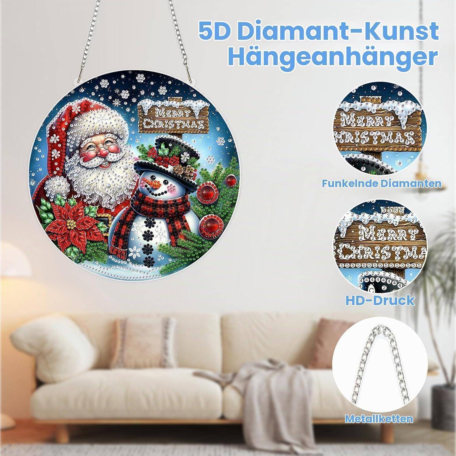 Werbebild eines runden 5D-Diamantkunst-Hängeornaments mit dem Motiv des Weihnachtsmanns und eines Schneemanns mit der Aufschrift „Merry Christmas