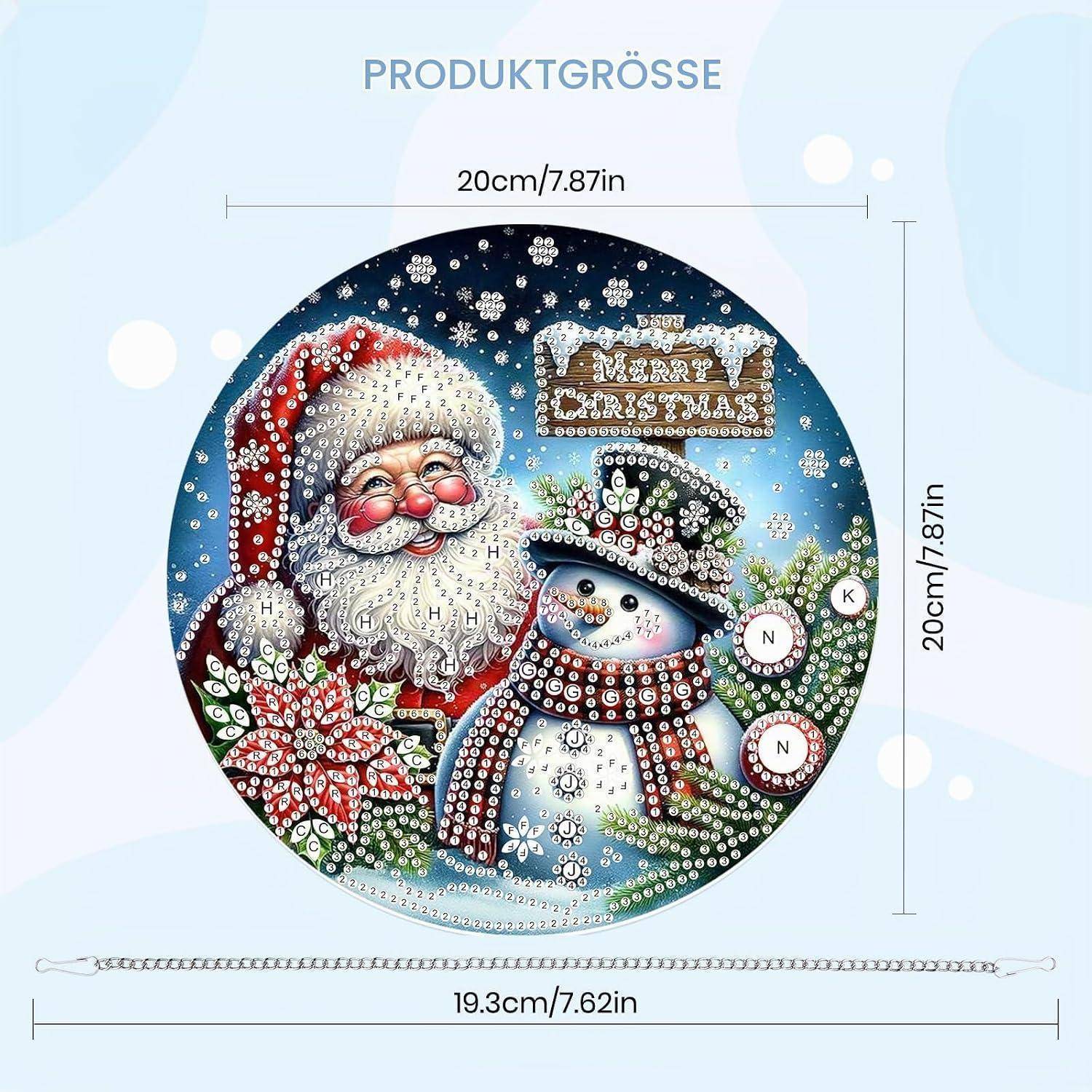 Rundes 20-cm-Weihnachts-Diamantmalerei-Design mit dem Weihnachtsmann, einem Schneemann und einem „Frohe Weihnachten
