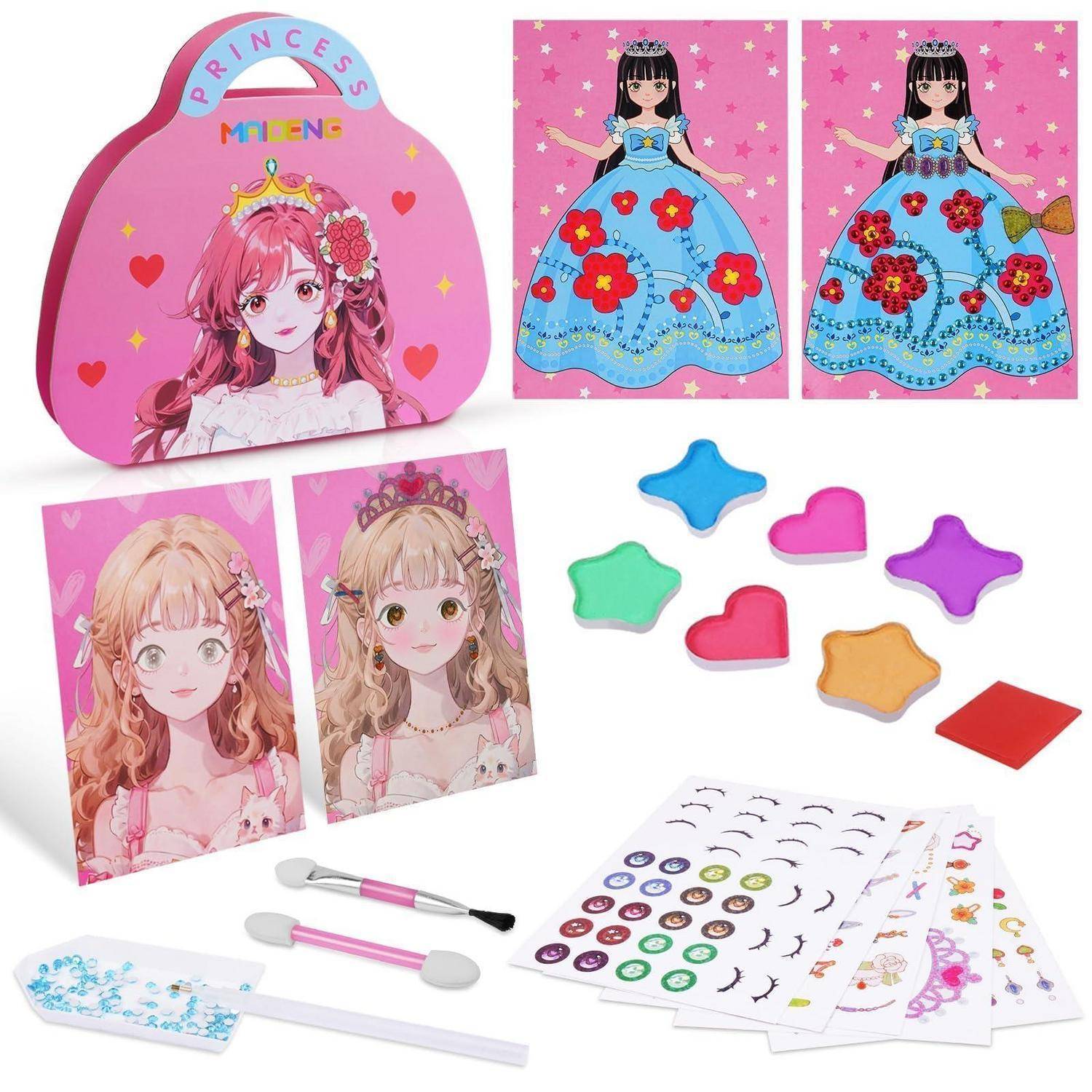 Prinzessinnen-thematisches Magnetisches Anzieh-Spielset mit Anime-Stil-Puppen, Outfit-Teilen, Zubehör, Aufklebern und einer Tragetasche für kreatives Modenanziehen