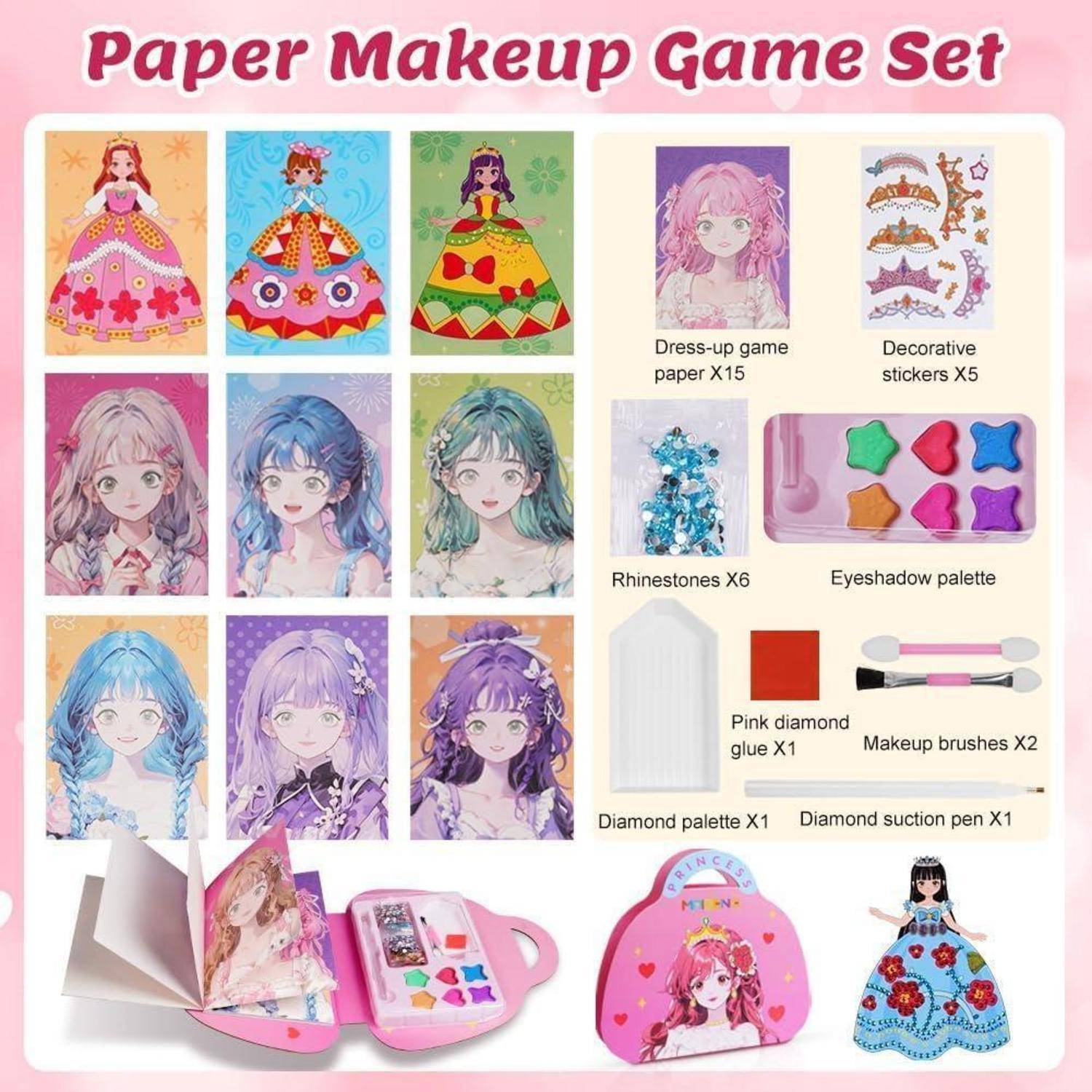Papier-Make-up-Spielset mit Anzieh-Papierpuppen, Charakterblättern, Aufklebern, Strass steinen, Lidschattenpalette, Leim, Pinseln, Saugnapfstift und Tragetasche.