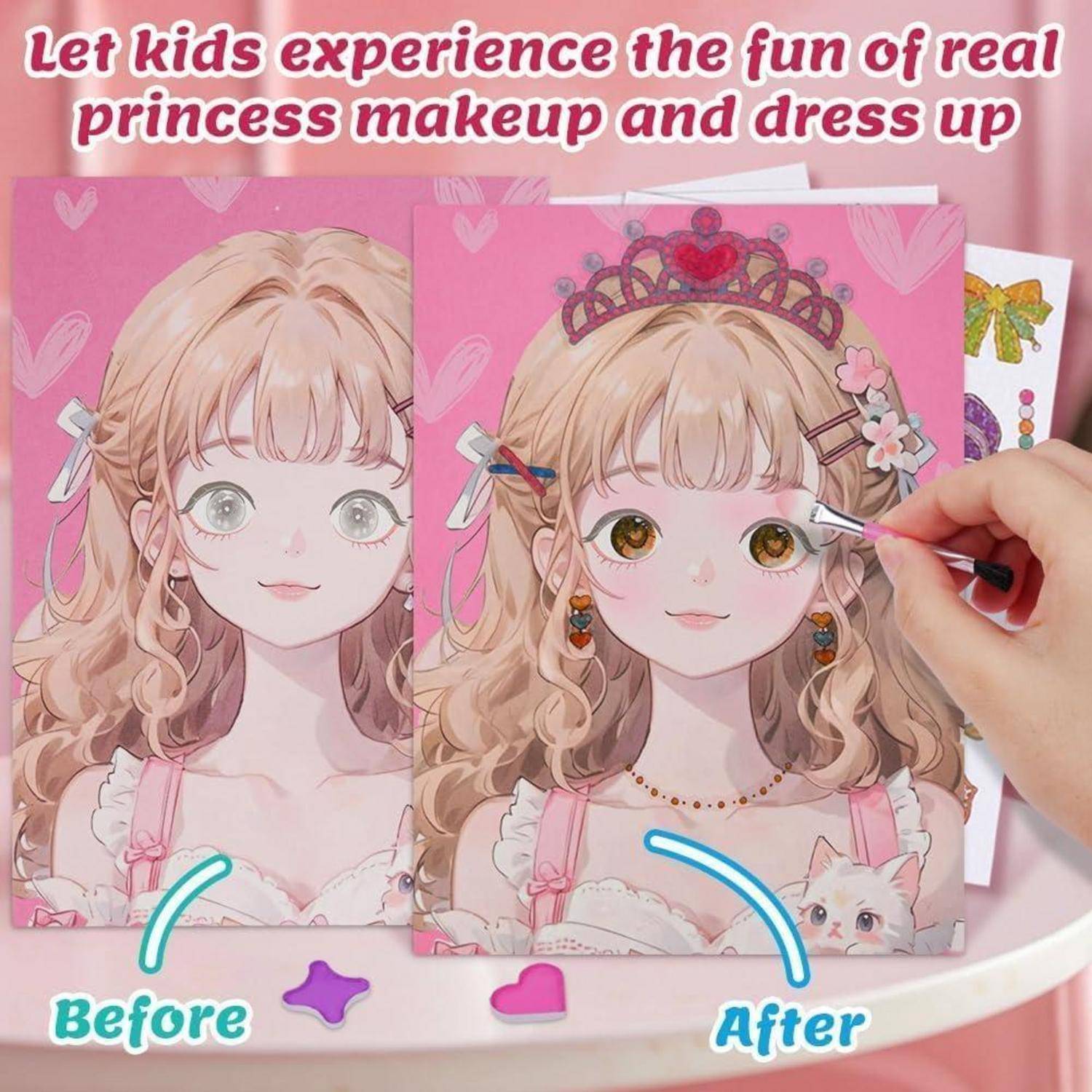 Spielzeug-Prinzessin-Make-up- und Verkleidungsset mit vorher und nachher Gesichtern, mit einer Hand, die Augenmakeup auf die stilisierte Puppenillustration aufträgt.