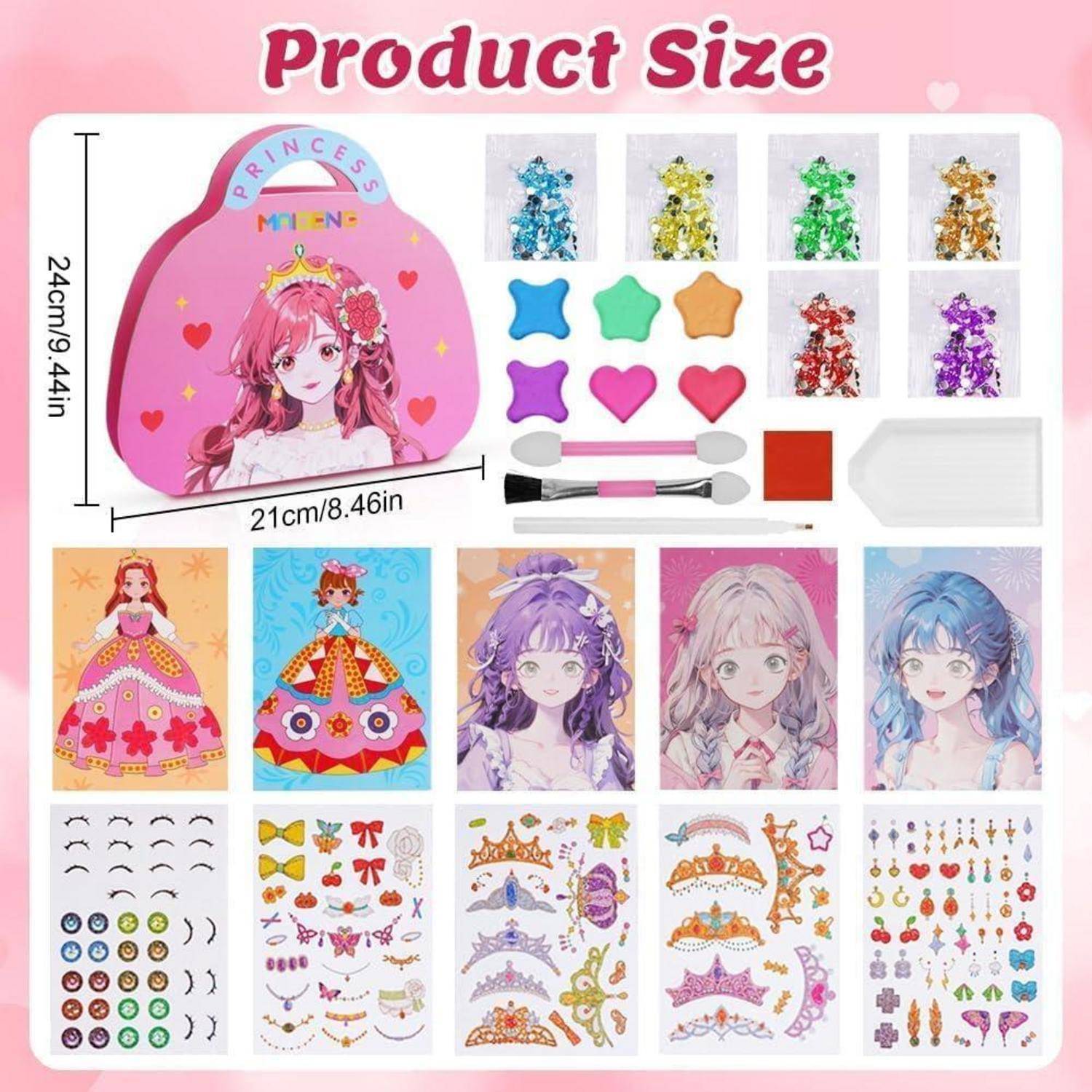 Produktgrößendiagramm für ein Prinzessinnen-Thema-Aufkleber- und Bastelset: rosafarbener Tragekoffer 24 cm hoch x 21 cm breit, mit assortiertem Schmucksteinen, Formen, Werkzeugen und Beispiel-Charakteraufklebern.