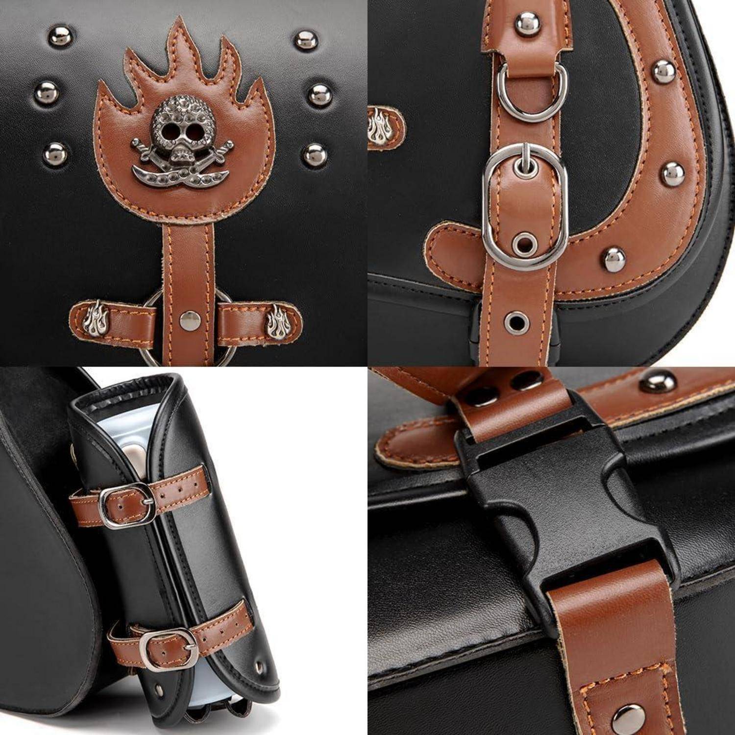 Nahaufnahme-Collage eines schwarzen Lederkoffers mit braunen Riemen, Metallnieten und Schnallenverzierungen, einschließlich eines Schädelemblem und einer geschlossenen Seitenansicht.