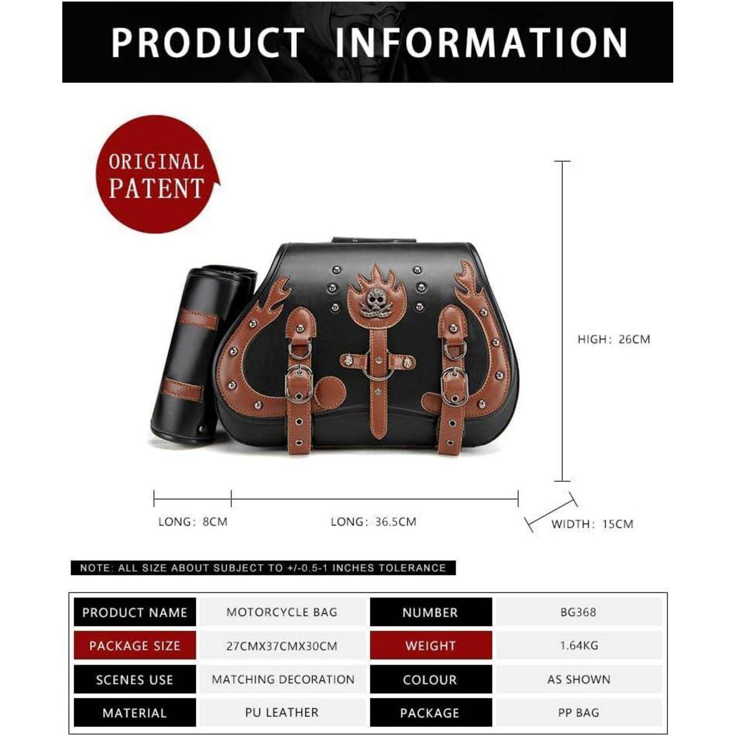 Produktinformationsbild für eine Motorradtasche, das die Tasche und einen passenden Flaschenhalter mit Abmessungen zeigt: 36,5 cm lang, 26 cm hoch, 15 cm breit; Original-Patent.