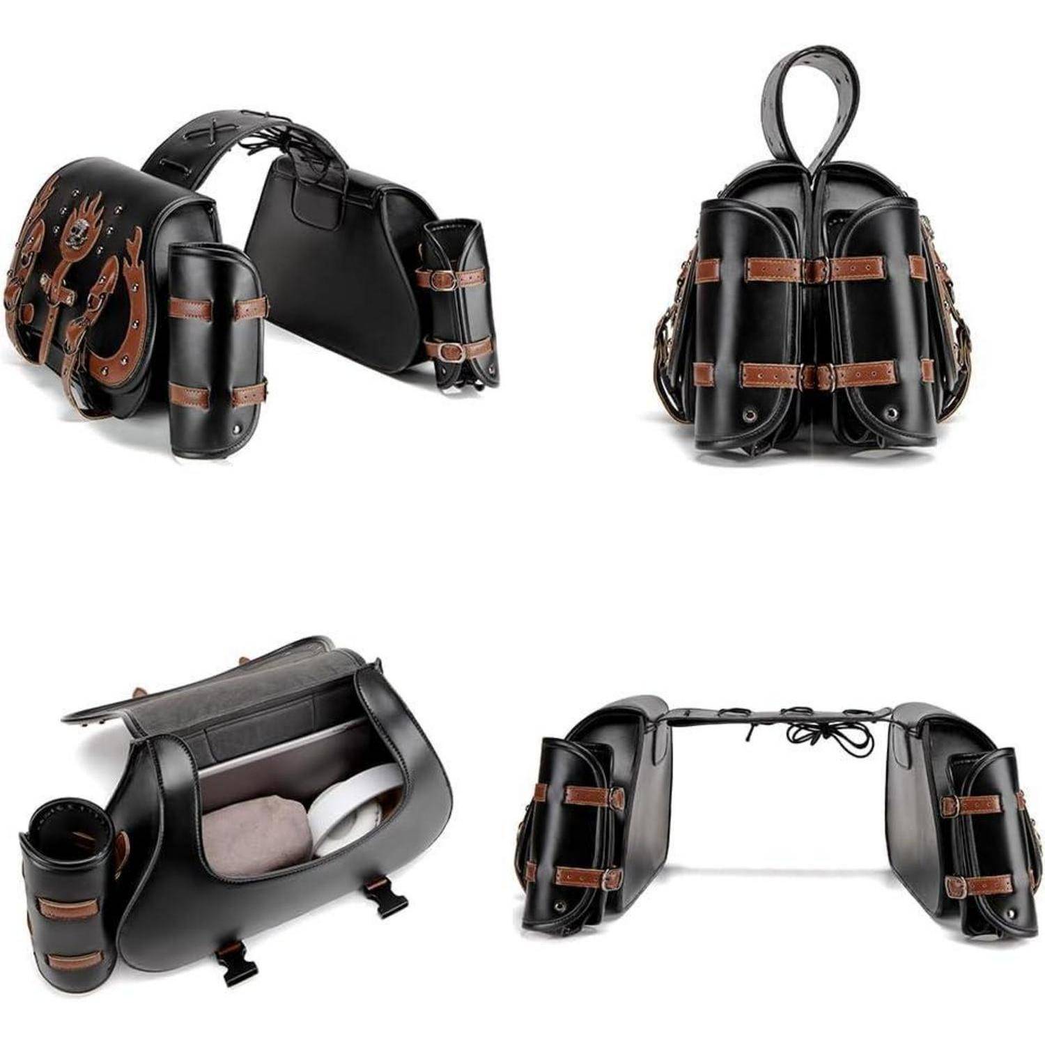 Schwarzer Lederrucksack aus mehreren Blickwinkeln, zeigt eine Seitentasche, einen aufgerollten Tragehenkel und offene Innenspeicherkompartimente.