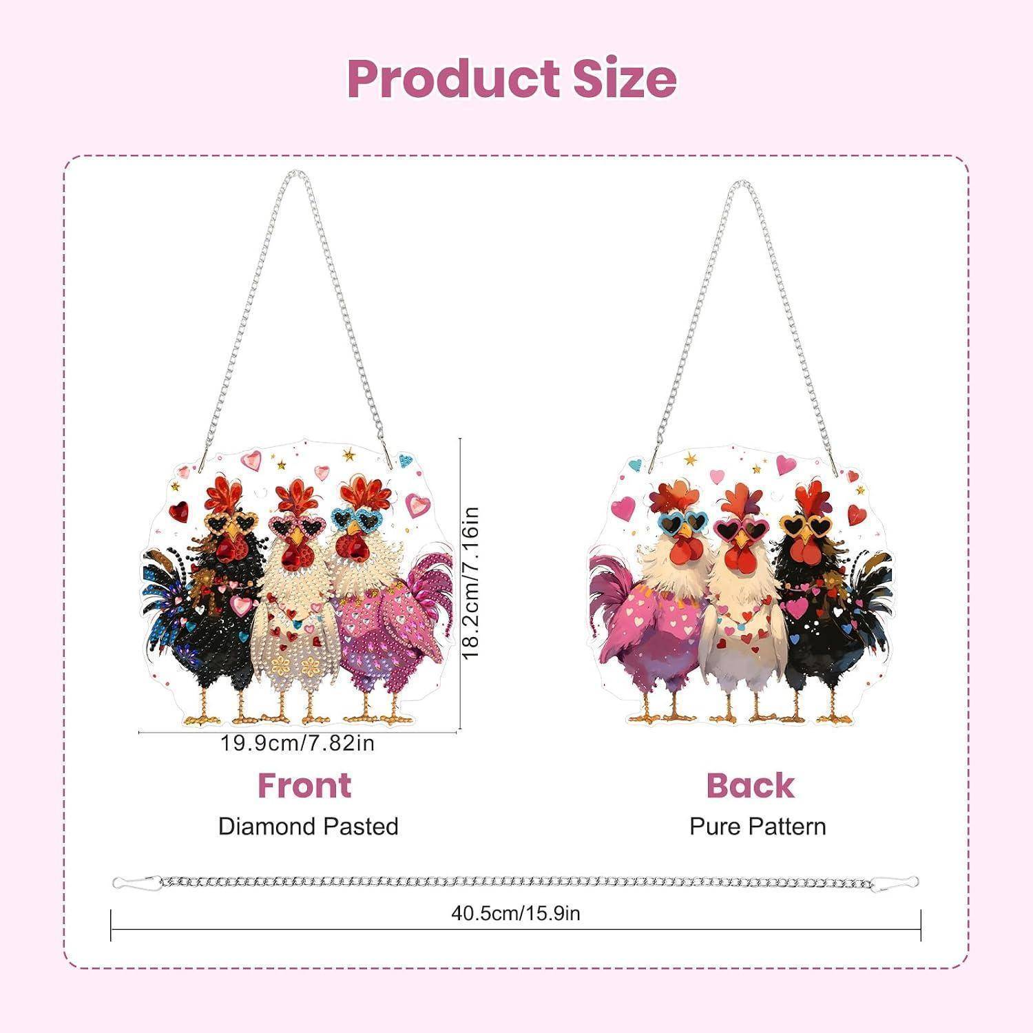 Produktgrößendiagramm einer Handtasche mit Hühnerdruck, Vorder- und Rückansicht mit Abmessungen 19,9 cm Breite, 18,2 cm Höhe und 40,5 cm Riemenlänge.