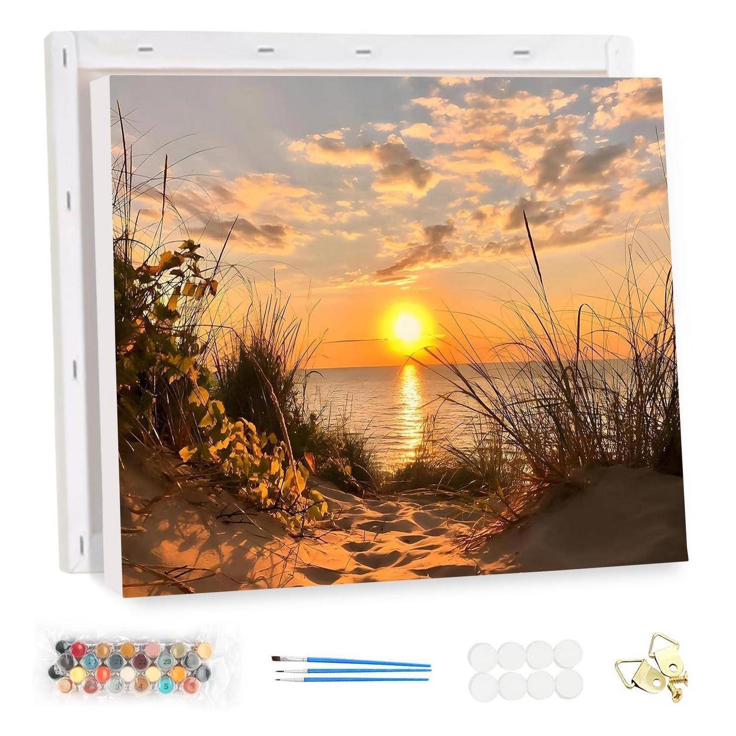 Leinwanddruck eines Strandsonnenuntergangs mit Dünen und Gräsern; die im Folgenden gezeigten Aufhängevorrichtungen und Befestigungszubehör sind enthalten.