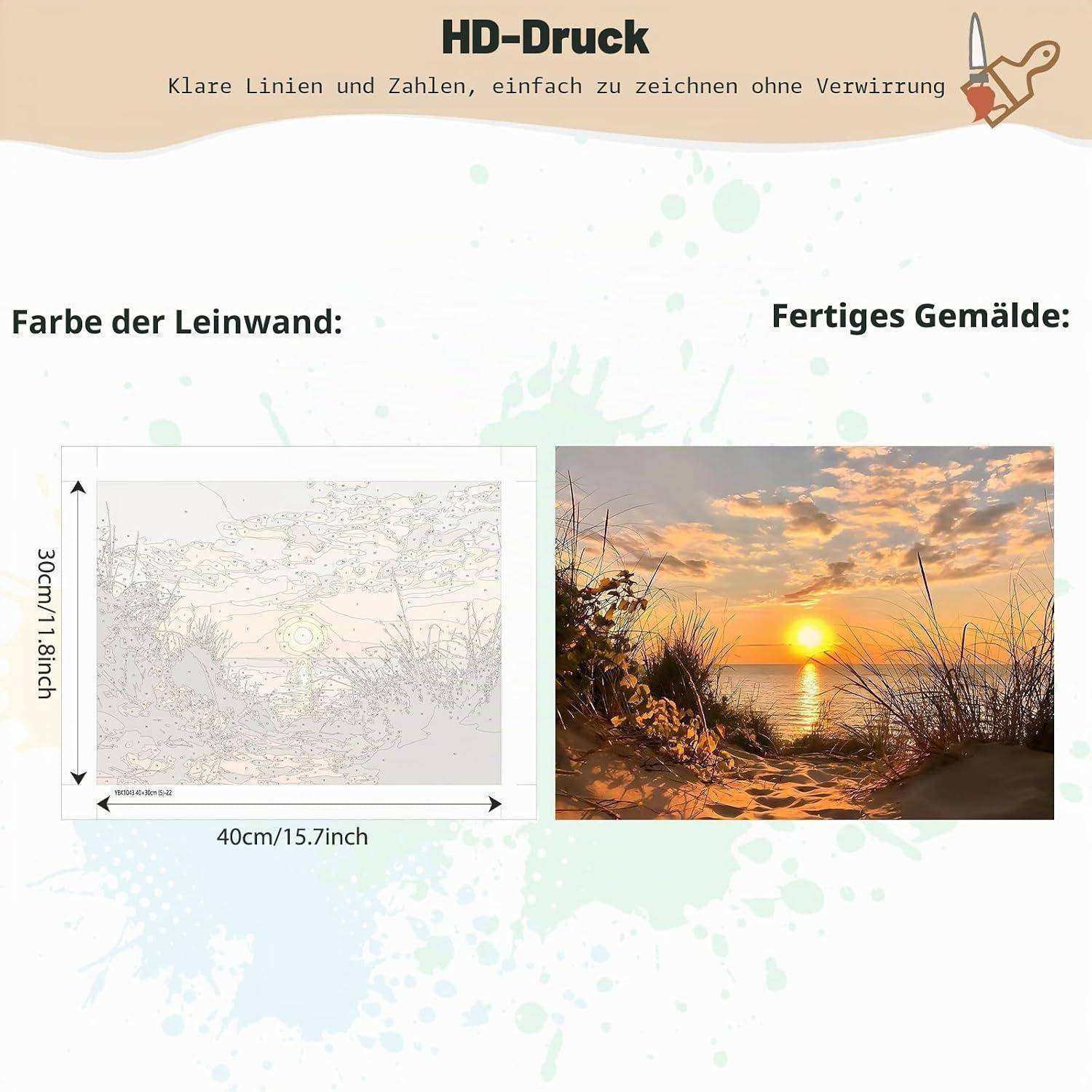 Vergleichsgrafik für HD-Druck: links zeigt Leinwand-Linienzeichnung Größe 40 cm x 30 cm, rechts zeigt fertiges Sonnenuntergang-Strand-Gemälde