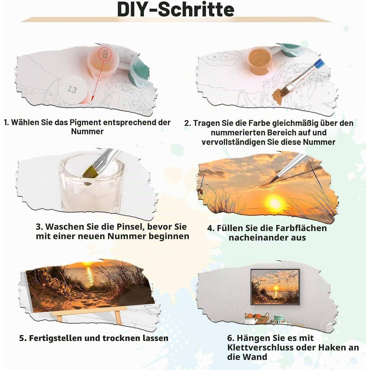 DIY-Schritte für ein Malen-nach-Zahlen-Bild: Farbe nach Nummer auswählen, Flächen ausmalen, Pinsel reinigen, trocknen lassen und aufhängen.