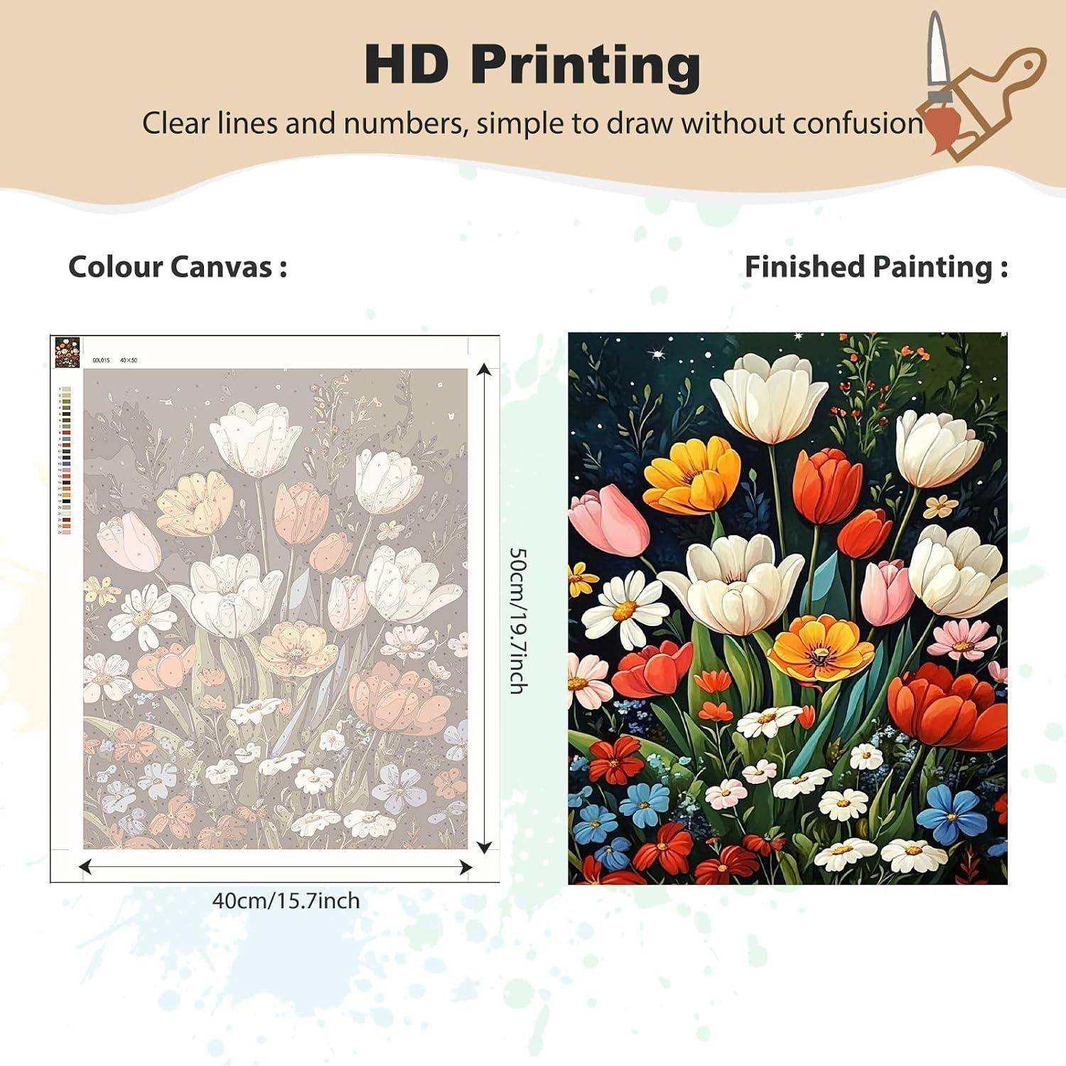 Werbebild, das eine HD-Druck-Malen-nach-Zahlen-Leinwand neben dem fertigen Blumengemälde zeigt, mit Abmessungen von 40 cm x 50 cm.