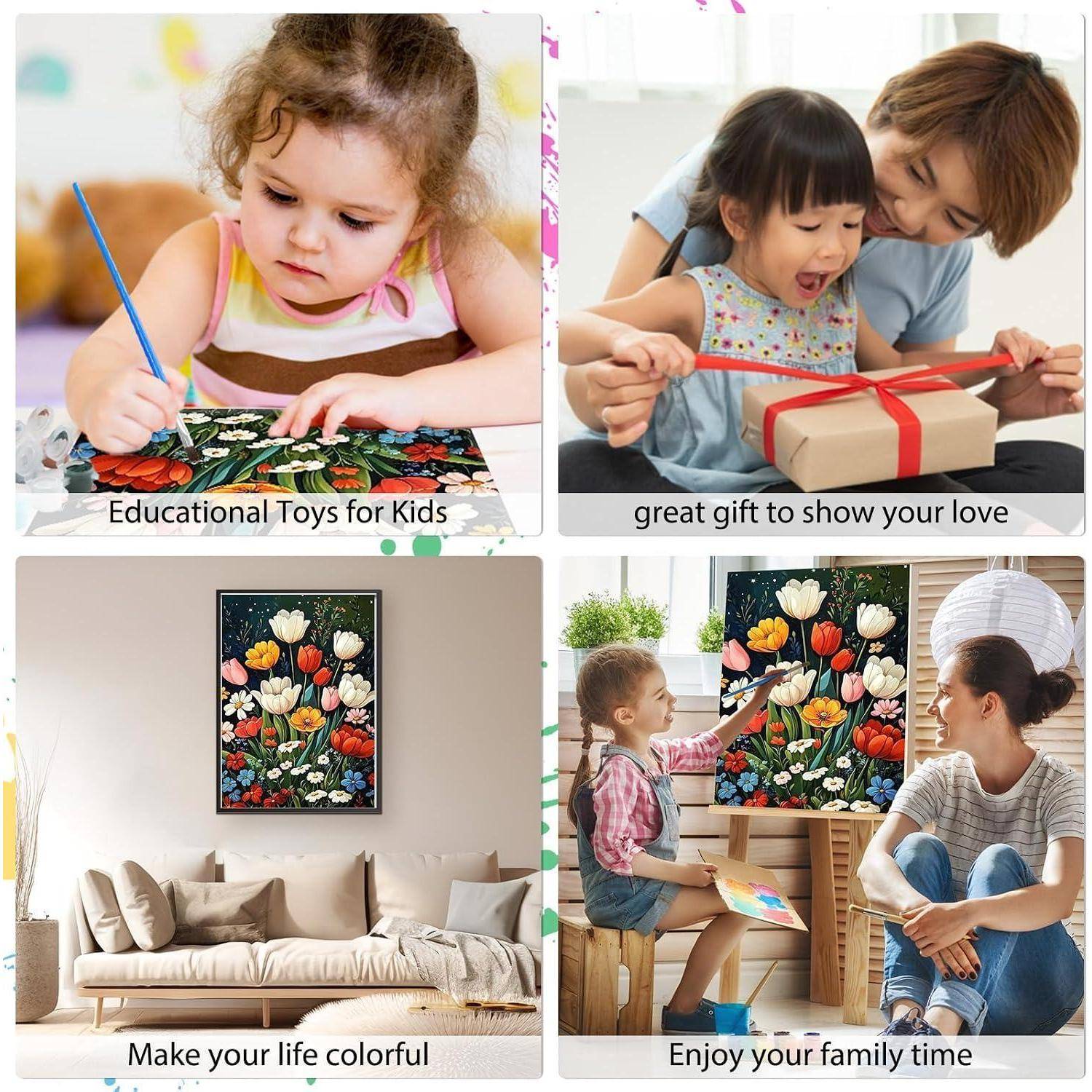 Vierteiliges Fotocollage, das Kinder beim Malen zeigt, ein Kind, das ein Geschenk erhält, eine Blumenmalerei an einer Wohnzimmerwand und eine Familie, die zusammen malt, mit Bildunterschriften über Spielzeug, Geschenke, buntes Leben und gemeinsame Familienzeit.