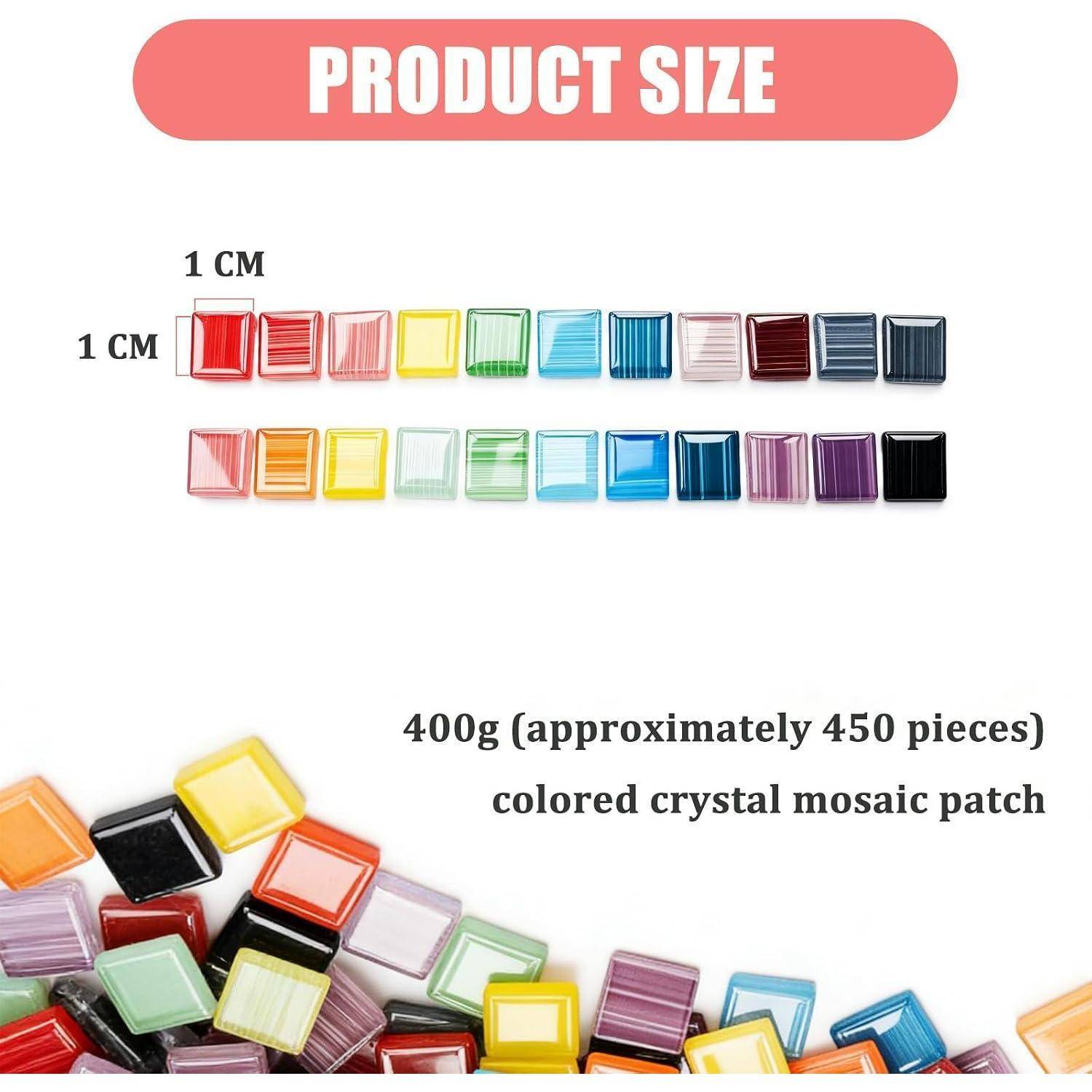 Produktgrößentabelle zeigt 1 cm quadratische farbige Kristallmosaik-Patches; Text vermerkt, dass 400g ungefähr 450 Stücke enthält.