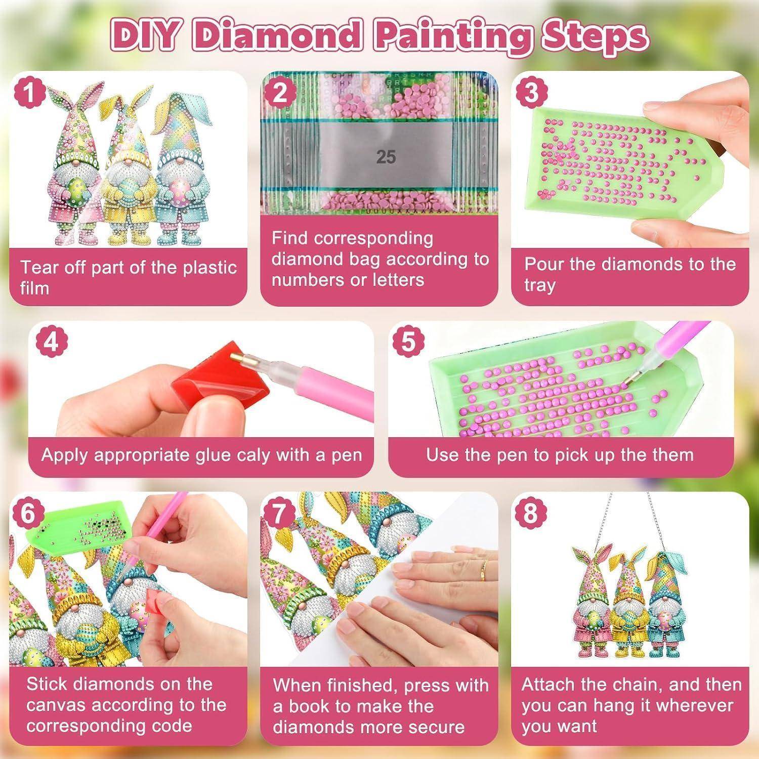 DIY Diamantmalerei Schritte Infografik mit 8 Stufen: Folie abziehen, Diamanten abgleichen und ausgießen, Kleber auftragen, Edelsteine aufnehmen und platzieren, fertiges Design pressen und Kette anbringen.