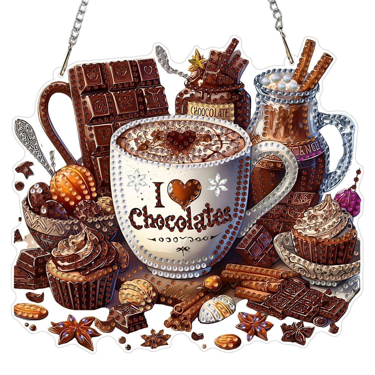 Dekorative Schokoladen-Illustration mit einer großen Tasse mit der Aufschrift „Ich liebe Schokolade