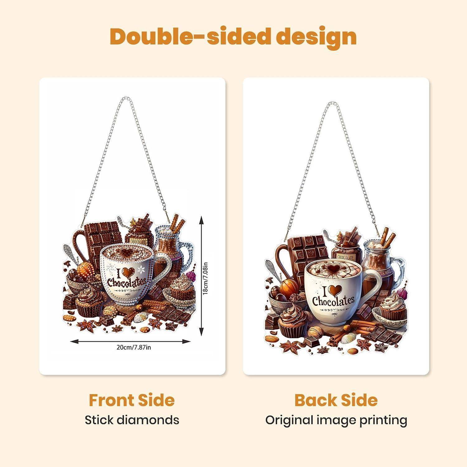 Werbegrafik, die ein beidseitiges Diamantmalerei-Set mit Schokoladentassendesign zeigt, das die 