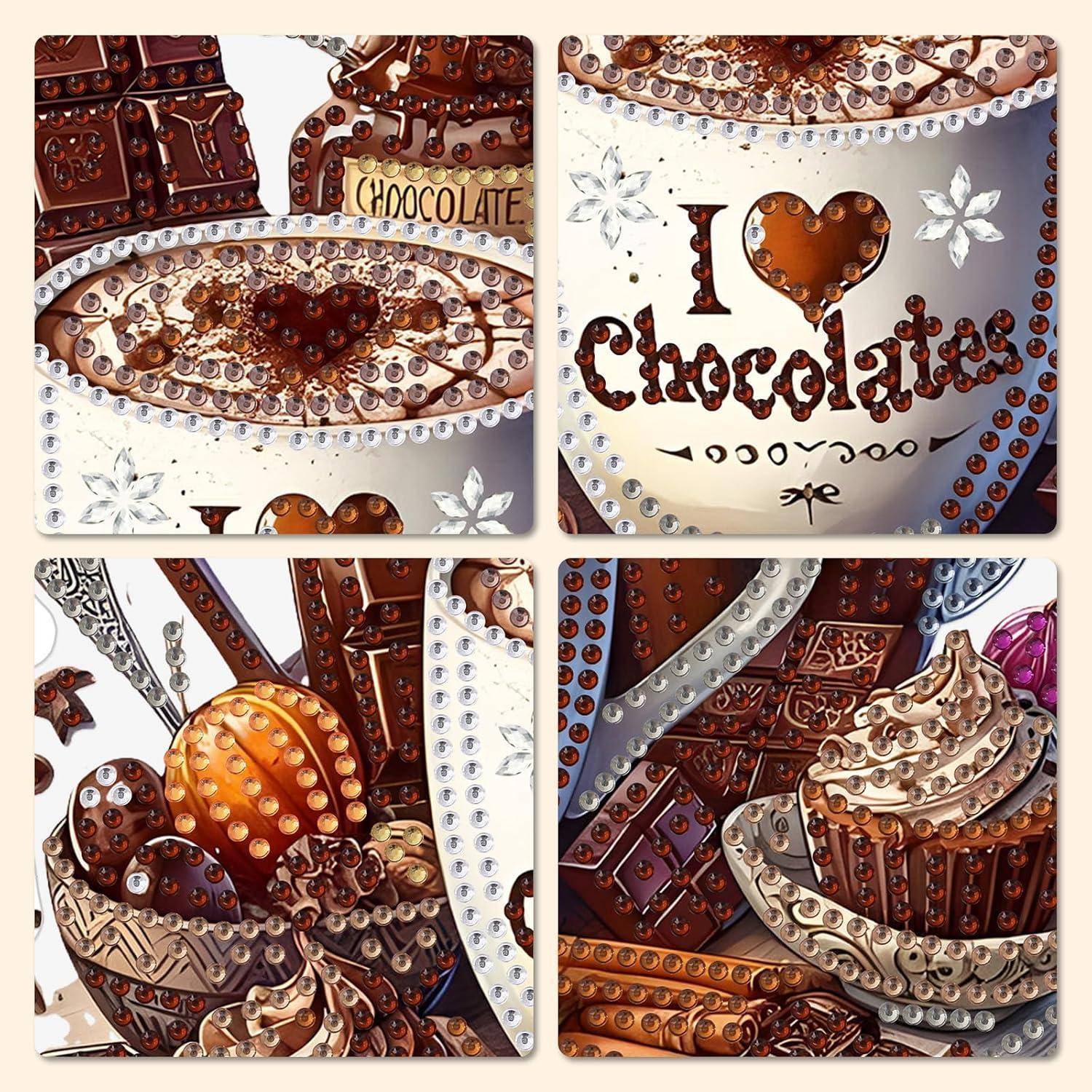 Vierteiliges Collage mit Schokoladen-Motiven: ein geschmücktes „Ich liebe Schokolade