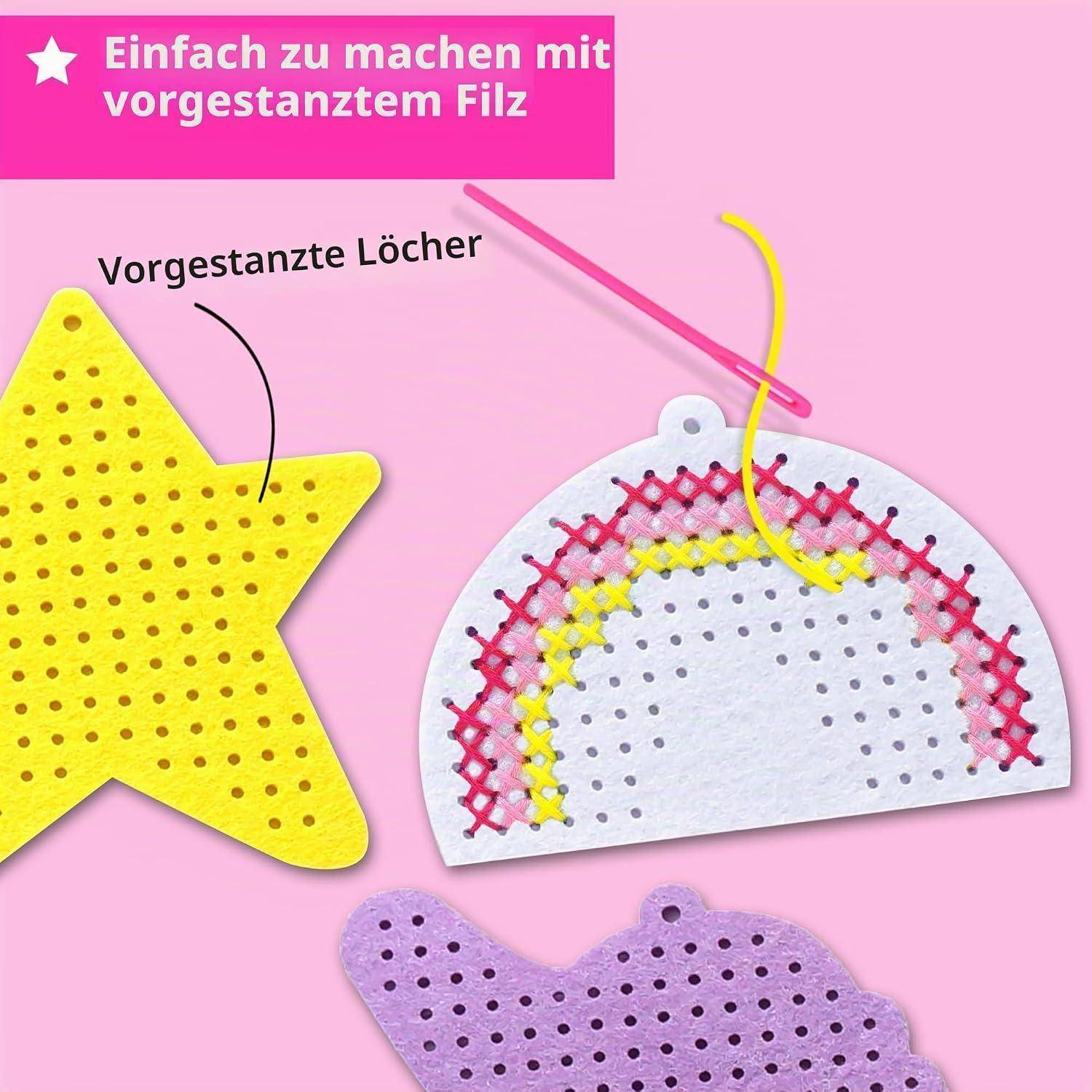 Anleitung für Filzstickerei: vorgestanzte gelbe Stern und gestickter weißer Halbkreis auf rosa Hintergrund, mit Text „Einfach zu machen mit vorgestanztem Filz