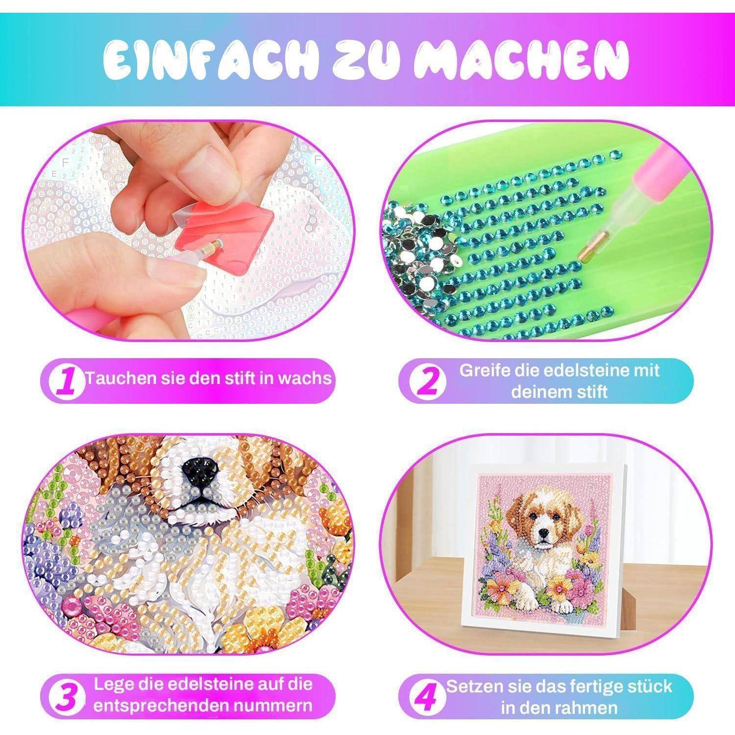 luckyarina Hund Diamond Painting Kinder mit Rahmen - Tiere Diamant Painting Bilder, 5D Diamond Painting als Geschenk für Home Wand Décor 18x18cm CC5