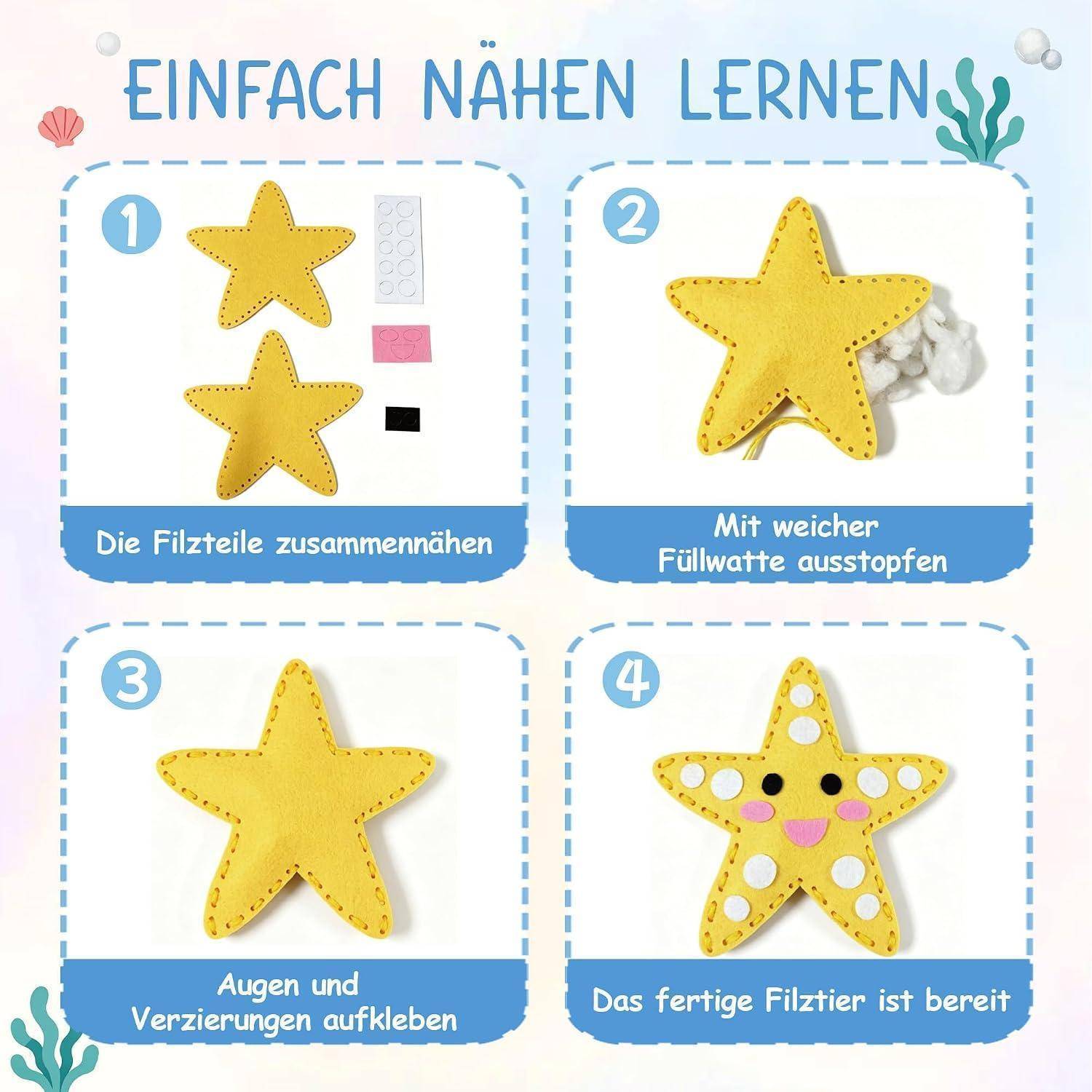 6 Stück Nähset Kinder 6-in-1 DIY Bastelset, Filz Nähen Kits ab 6 Jahre | Lernspielzeug mit Meerestiere &amp; Wald Elfen Themen – Komplettes Filz Bast