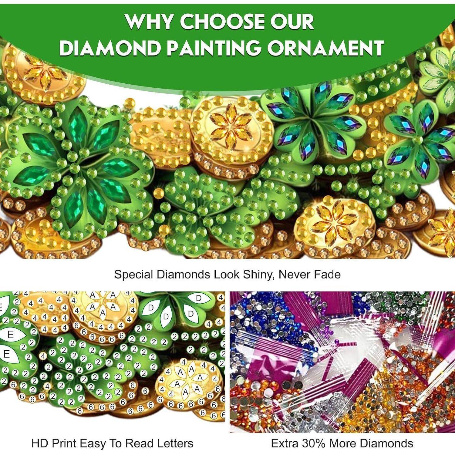 Werbegrafik für Diamond-Painting-Ornamente mit glänzenden grünen und goldenen Blumenjuwelen und dem Text „WARUM UNSEREN DIAMOND-PAINTING-ORNAMENT WÄHLEN