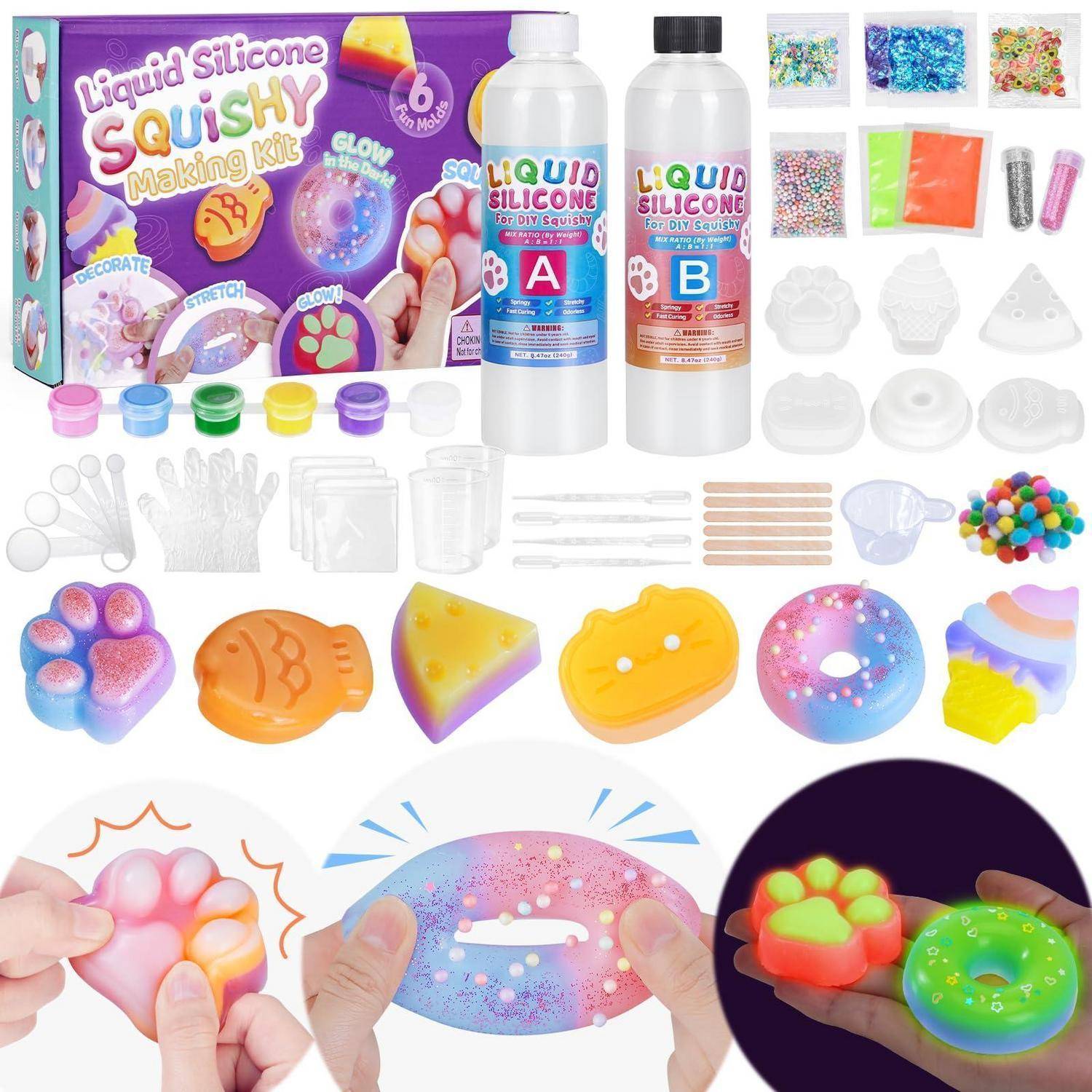 Flüssiges Silikon-Quetschspielzeug-Herstellungsset mit zweiteiligen Flaschen, Formen, Pigmenten und fertigen bunten Quetschspielzeugen als Beispiele.