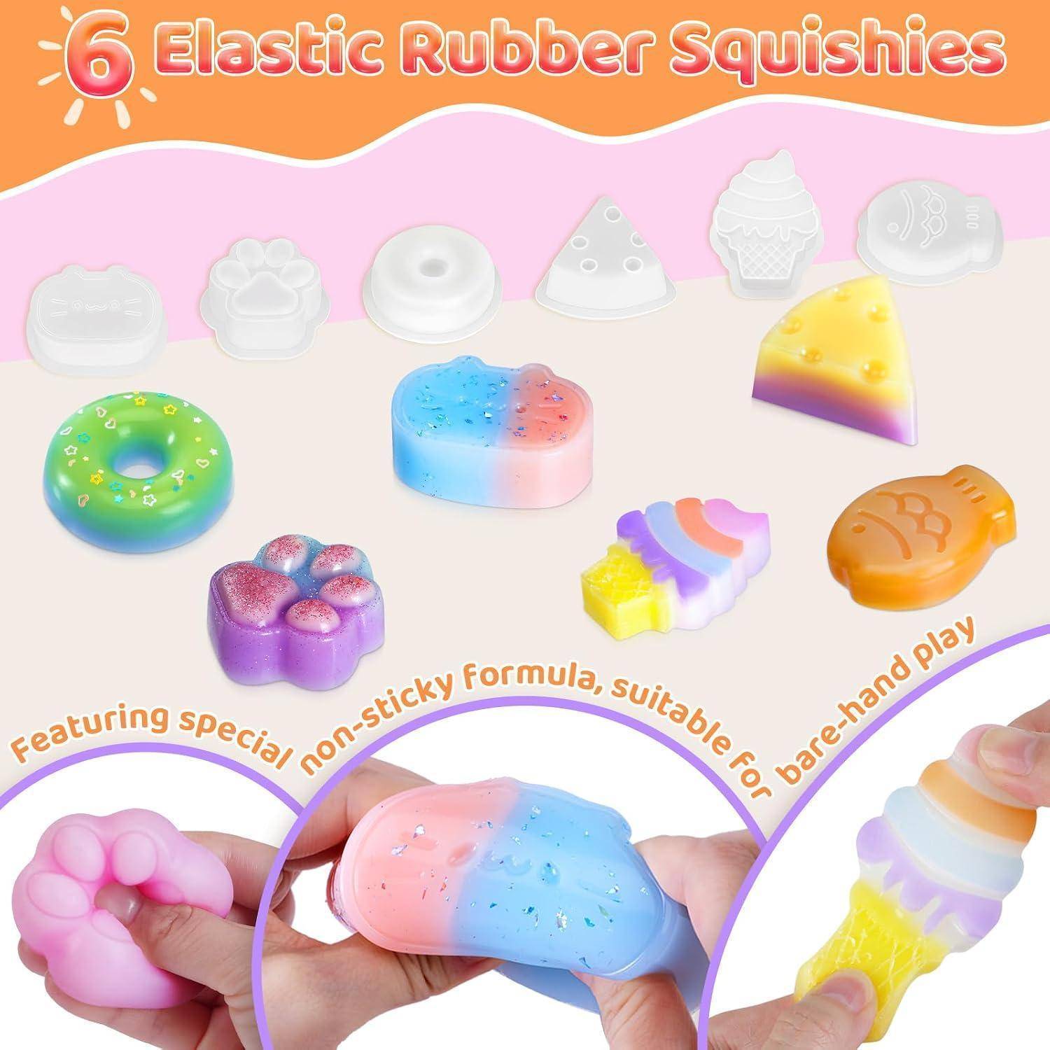 Anzeige mit 6 elastischen Gummi-Quetschies, einschließlich Donut-, Kuchen- und Eiscreme-Formen, mit Händen, die weiche, dehnbare Spielzeuge drücken.