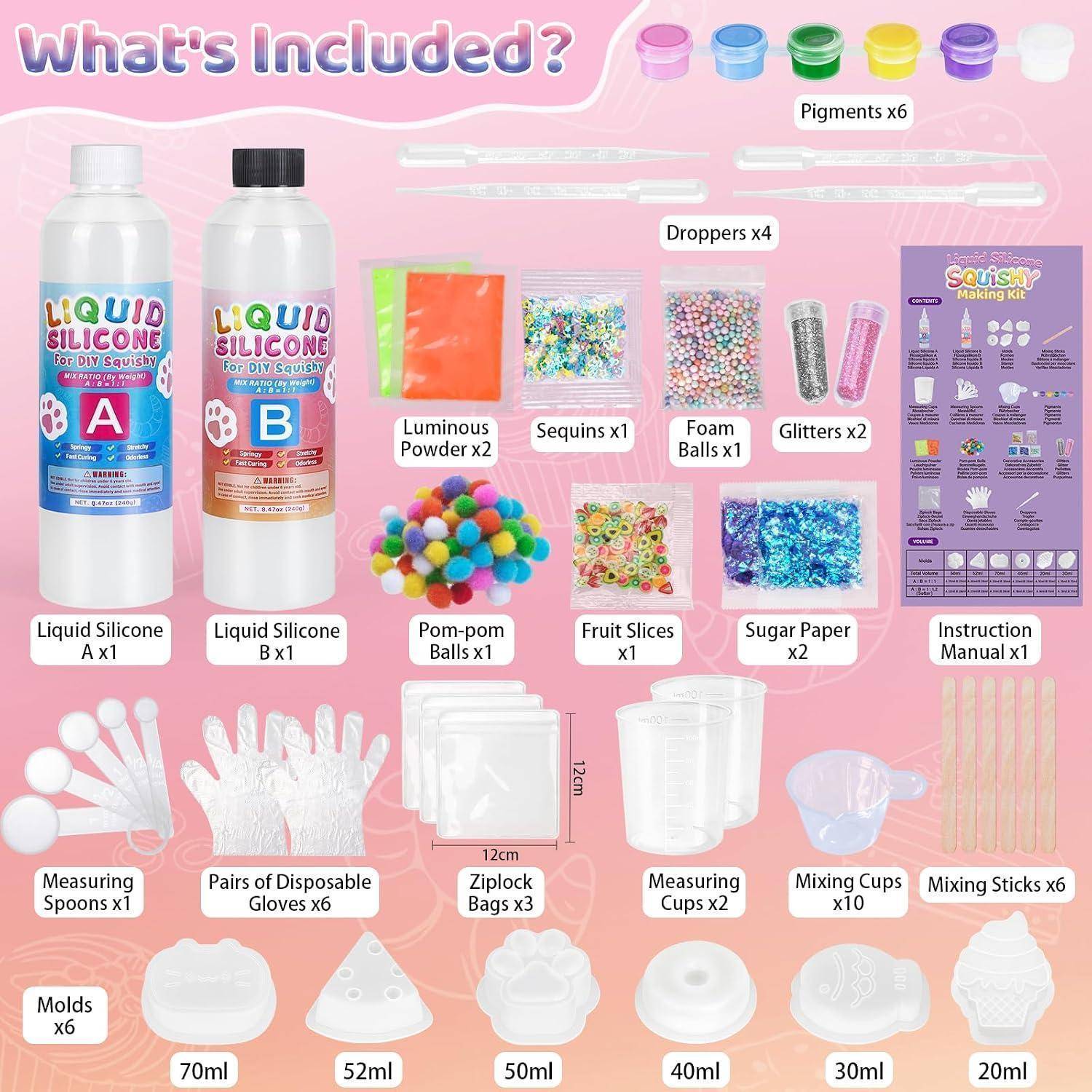 Ein illustriertes Inventar eines DIY-Schleim-Sets, das zwei Flaschen mit flüssigem Silikon, Pigmente, Pipetten, Pailletten, Schaumstoffkugeln, Glitter, Formen, Becher, Handschuhe, Beutel, Löffel und Rührstäbe zeigt.