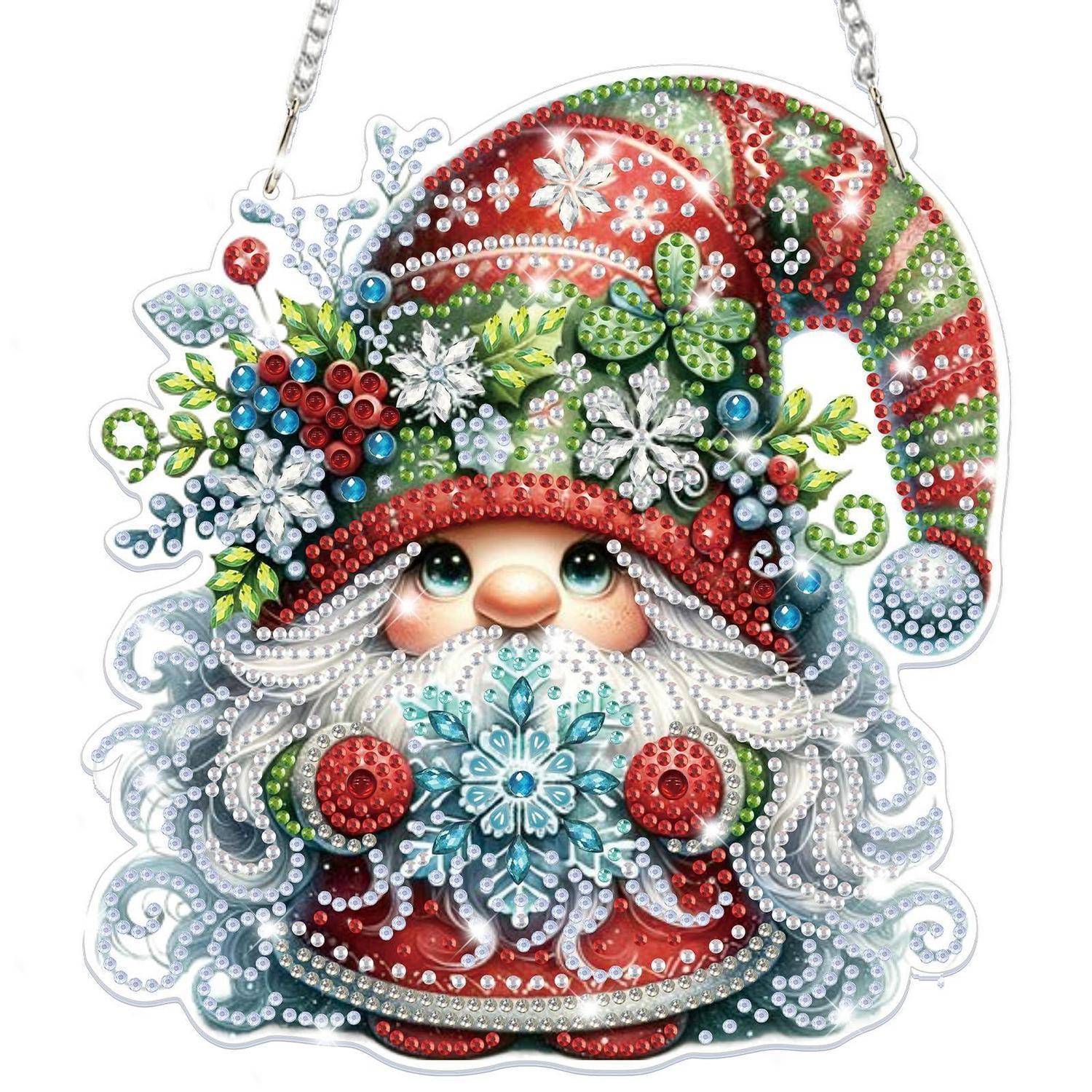 Dekoratives Ornament in Form eines geschmückten Weihnachtsmanngesichts mit rotem und grünem Hut, weißem Bart und hängender Kette.