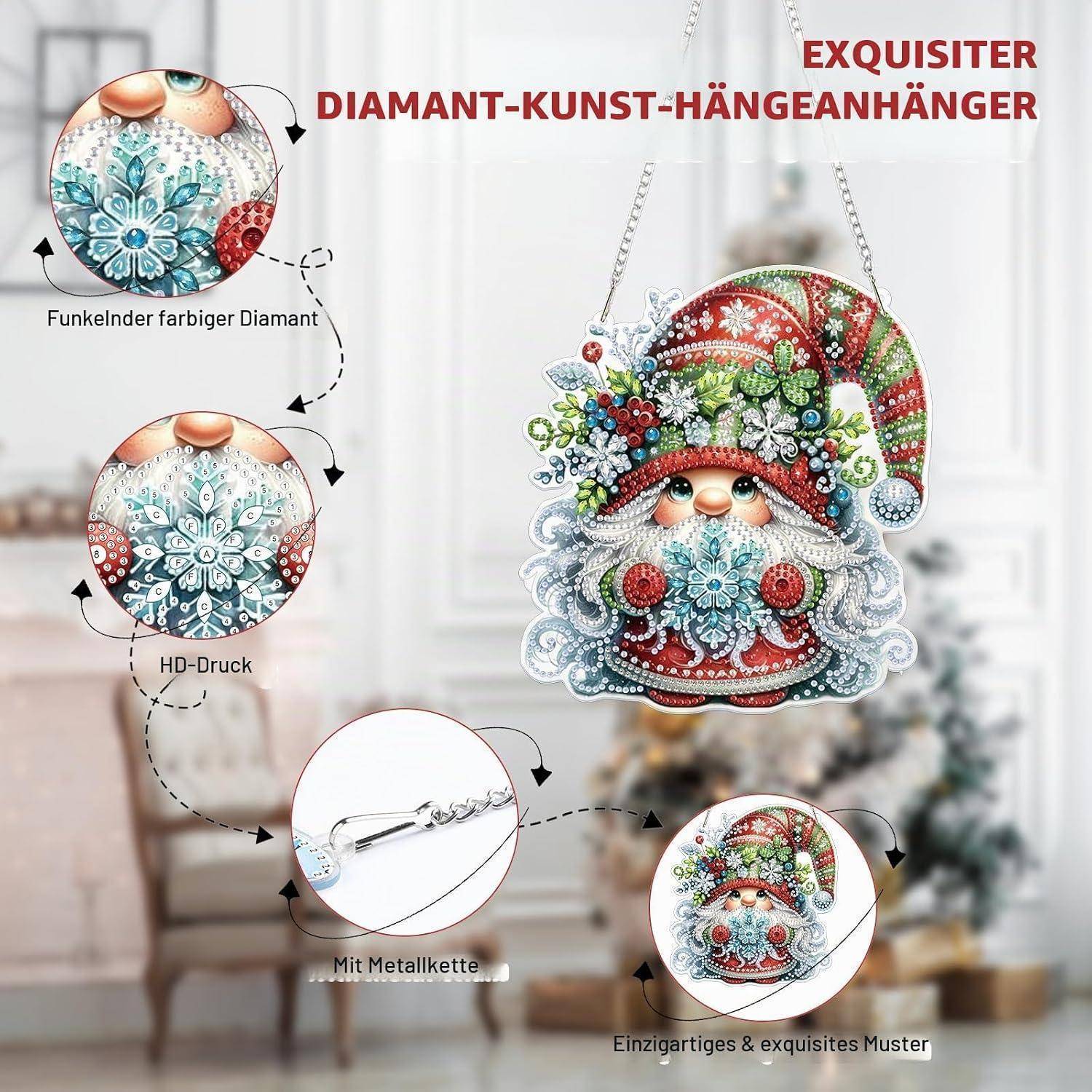 Bewerbungsbild einer bunten Weihnachtsmanngesicht-Anhänger-Halskette mit Metallkette, mit Nahaufnahmedetails und deutschen Etiketten, die den diamantähnlichen Druck und das einzigartige Design hervorheben.