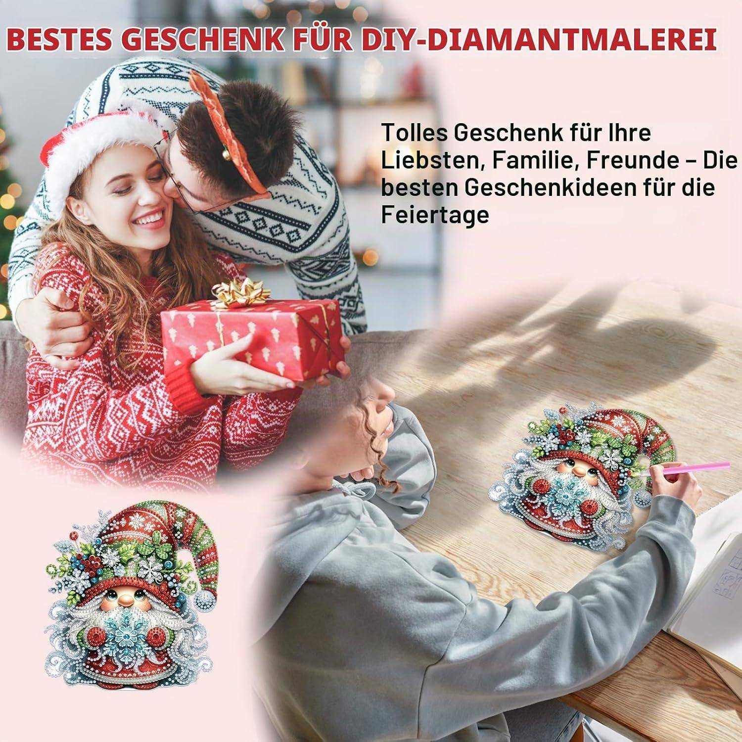 Promotional-Collage für Diamond-Painting-Geschenke: Ein Paar tauscht ein Geschenk aus, eine Person malt ein festliches Weihnachtsmanndesign, und der Text lautet „BESTES GESCHENK FÜR DIY-DIAMANTMALEREI