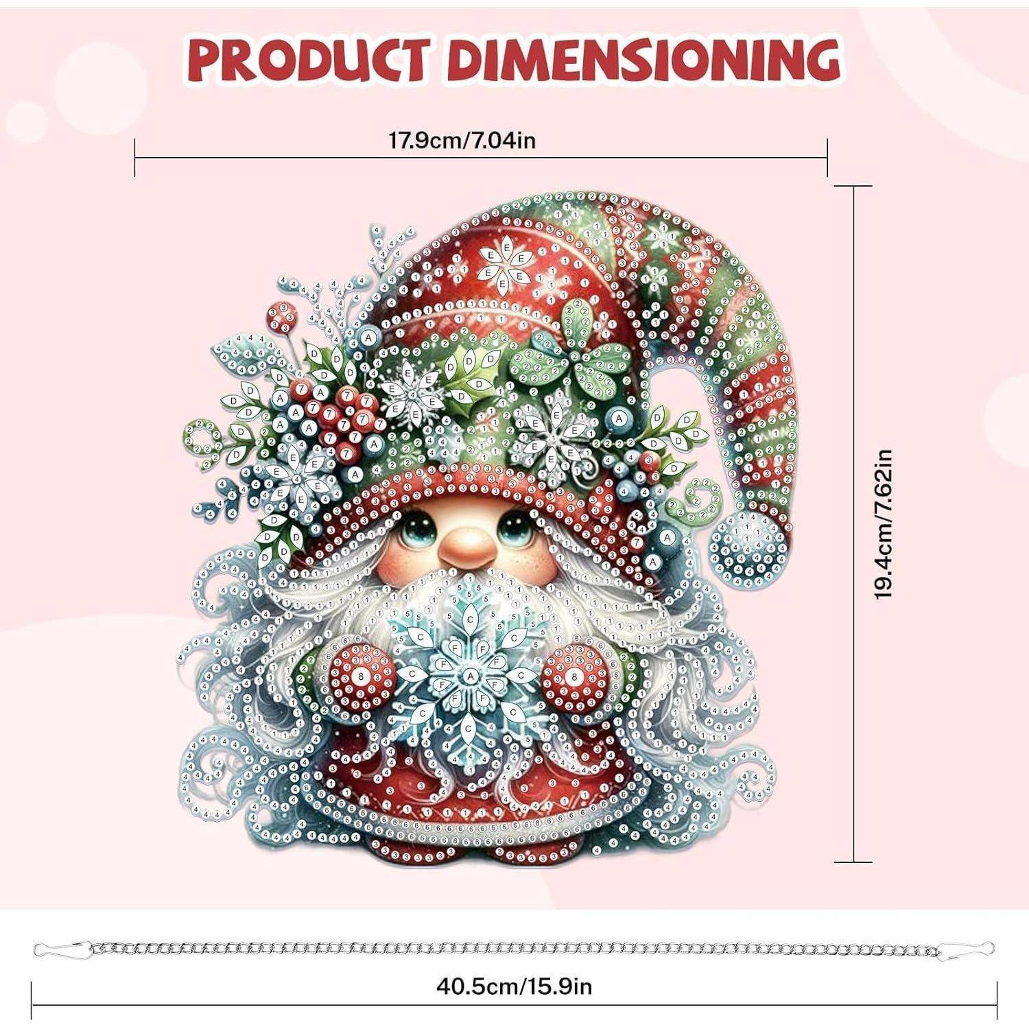 Produktabmessungsgrafik für ein dekoratives Weihnachtsmannornament: 17,9 cm breit, 19,4 cm hoch, mit einer 40,5 cm langen Aufhängungskette.