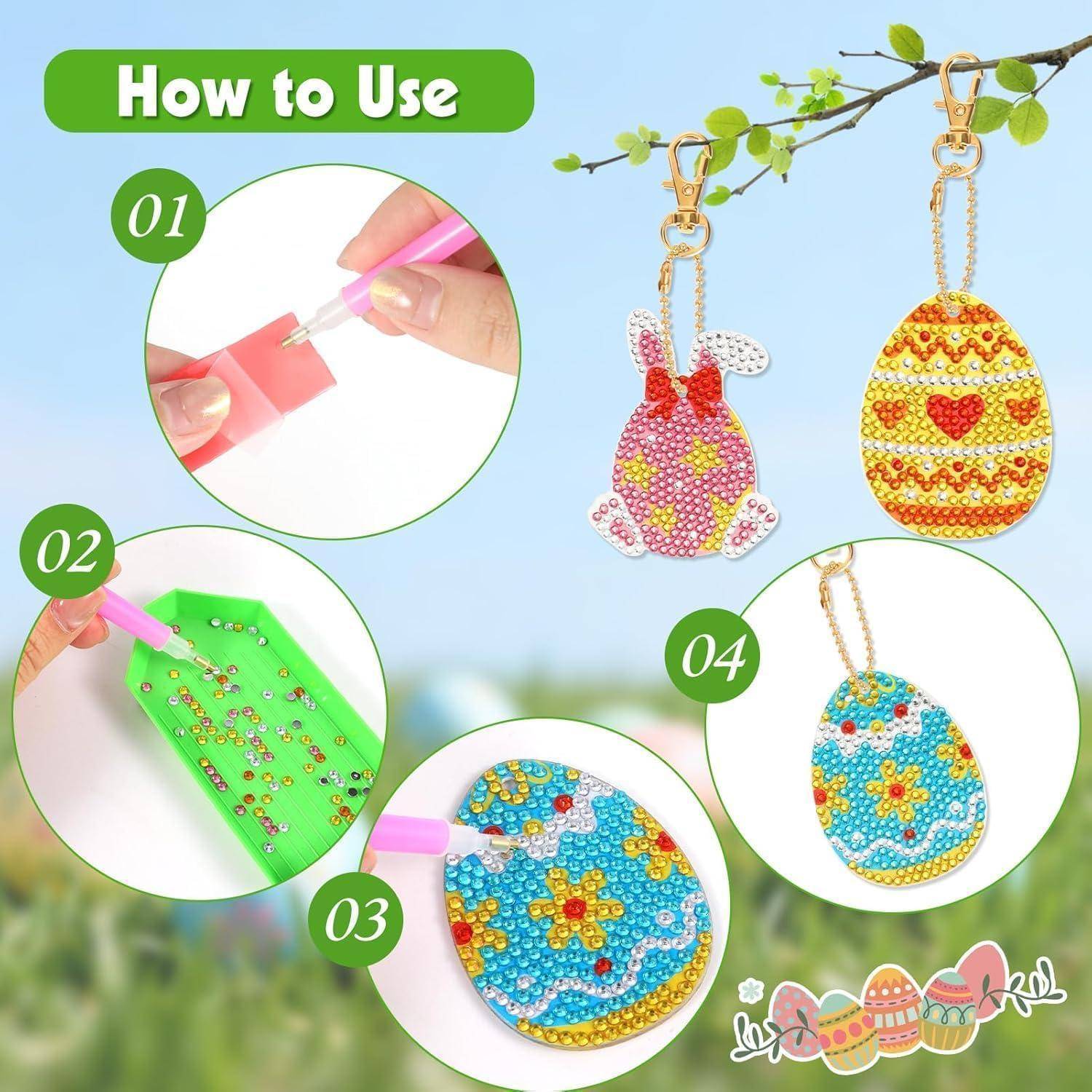 VgxRolq 15 Stück Diamond Painting Ostern Osterei Set, Kinder Doppelseitige Schlüsselanhänger Anhänger Diamand Painting Ei Deko Frühling Diamond B